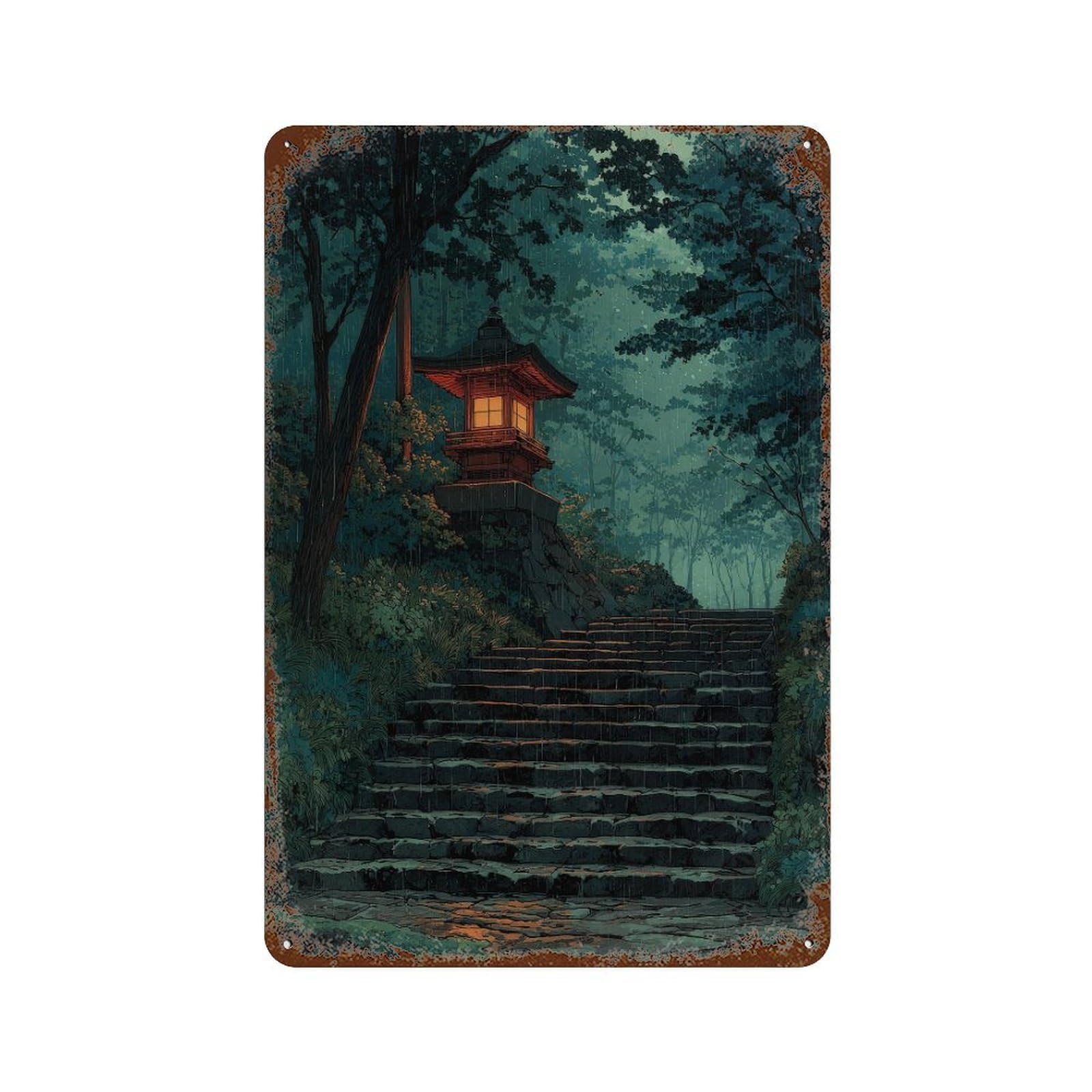 xiaoxiaoshen Lantern On Stone Stairs. Japanese Ghibli Wall Decor Art Metal Tin Poster Modern Home Decor Art Home Bar Shop Decorations Vintage Sign 30x20cm