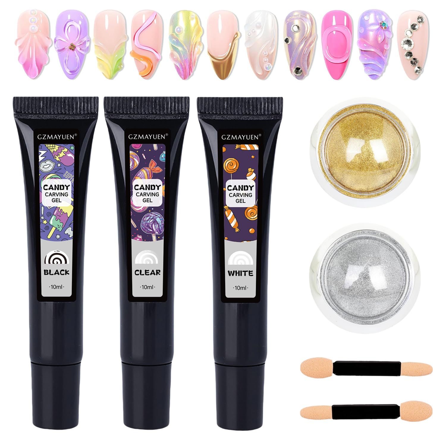 GZMAYUEN 3D Sculpting Gel for Nail Art, 3 Colors White Black Clear Nail Molding Gel, 5D Embossed Gel Gel Liner Candy Gel with Gold Silver Chrome Nail