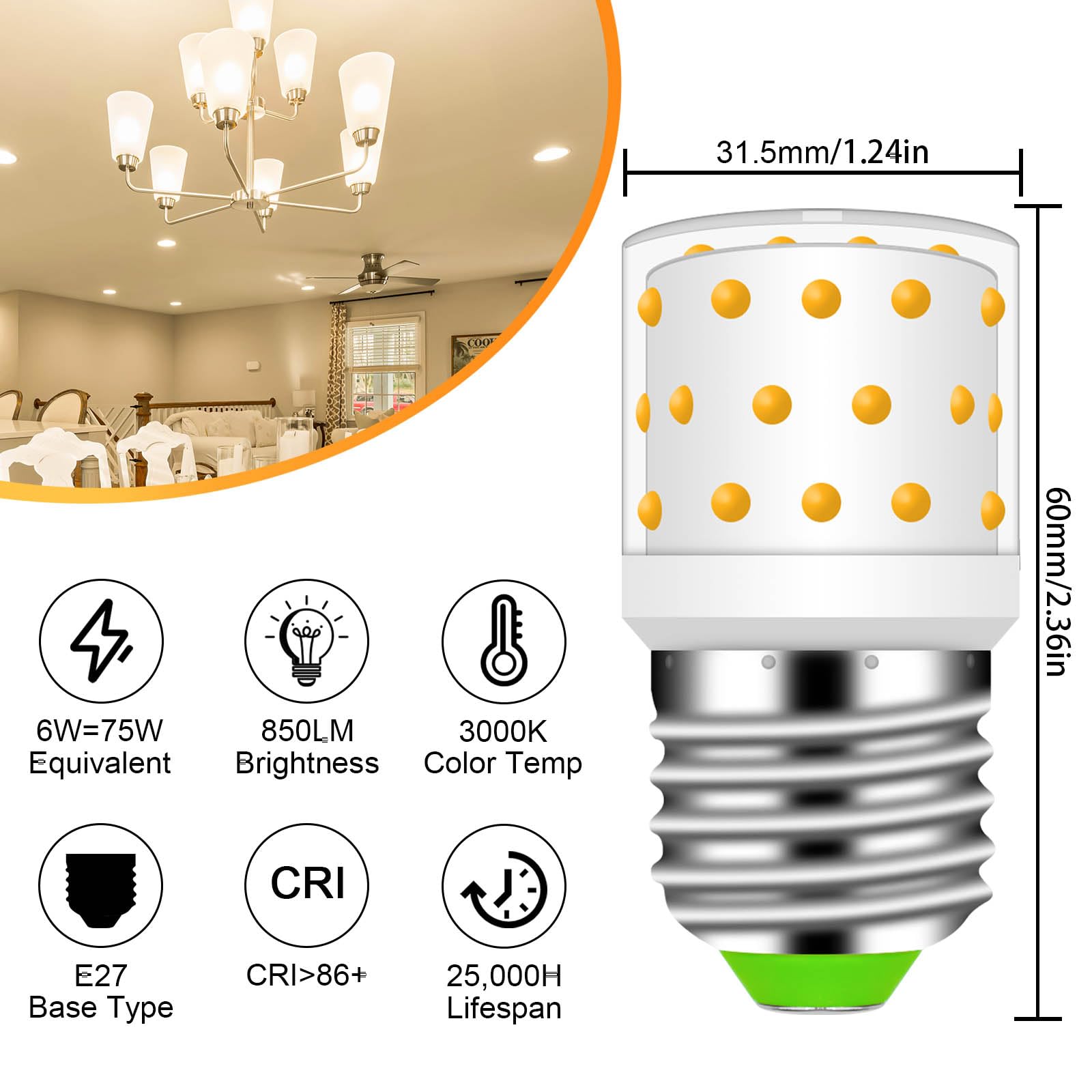TZHILAN E27 LED Warm White Bulb 6 W 3000 K, 806 LM Replacement for 75 W Halogen Bulbs - Image 2