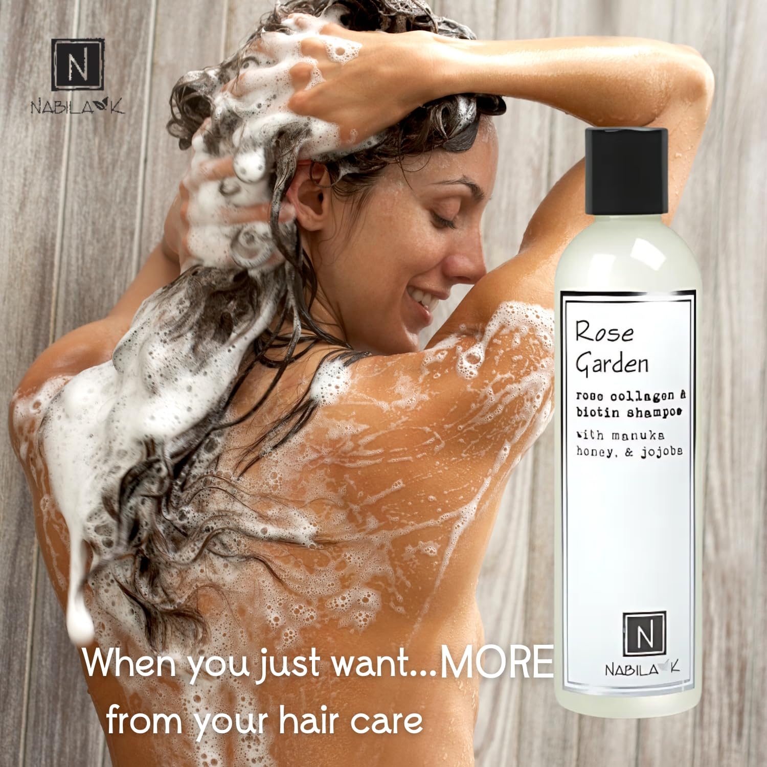 Nabila K Collagen & Biotin Shampoo, 9 oz – Rose Garden – Rose, Manuka Honey & Jojoba – Cleansing, Hydrating, Color-Safe – Sulfate-Free