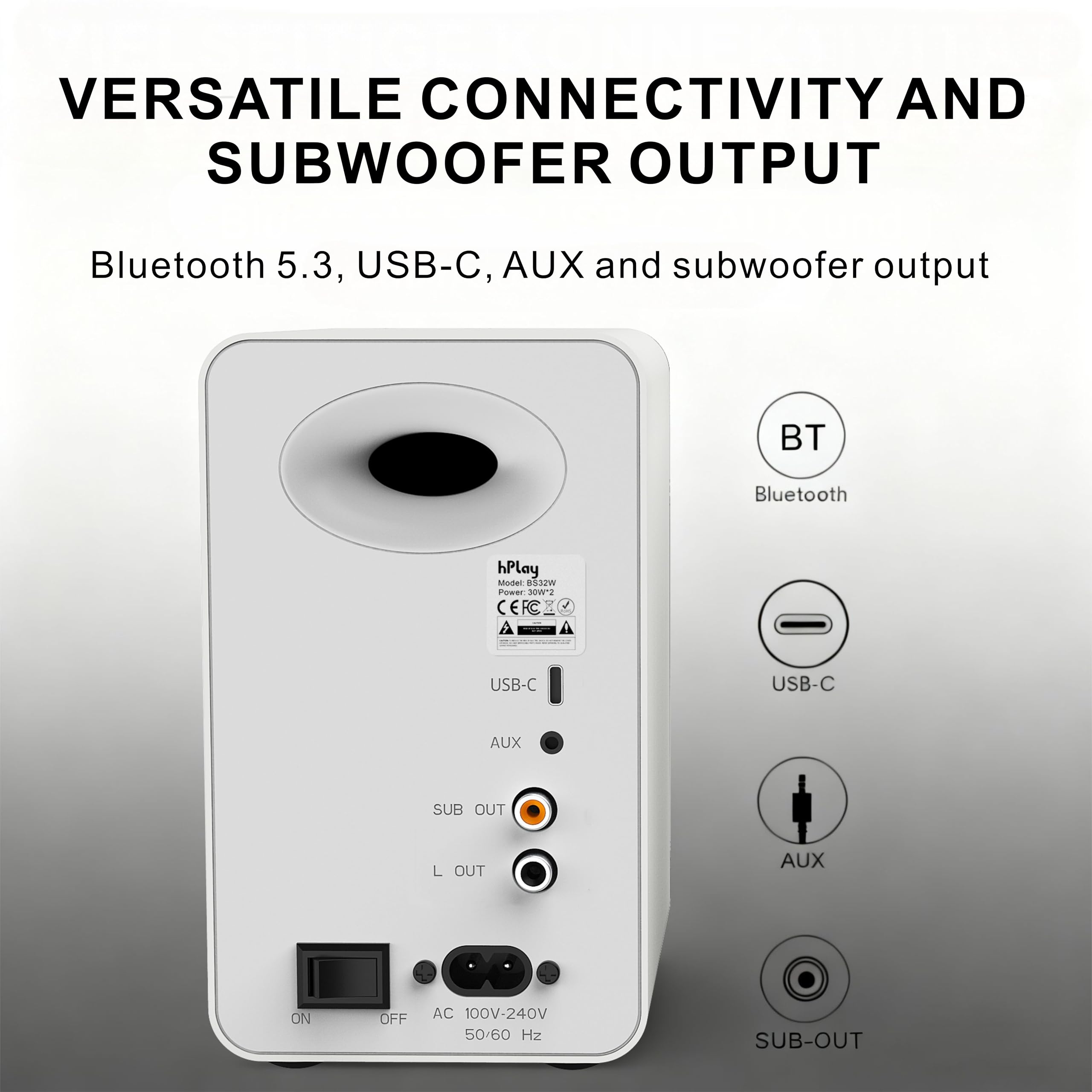 hPlay BS32W altoparlante attivo, altoparlante PC da 60W RMS con Bluetooth 5.3, USB-C Plug & Play con scheda audio, uscita subwoofer, telecomando e design compatto per giocatori e amanti della musica