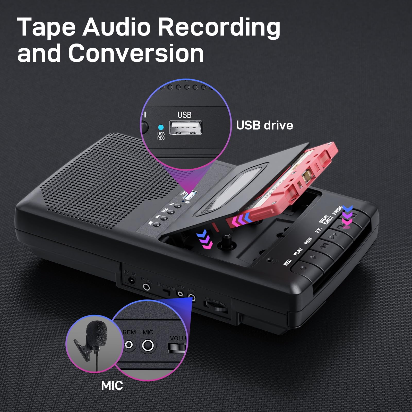Grabador de Cassette, Reproductor de casetes móvil y digitalizador USB,con Altavoz y micrófono,Mango Extensible, Auriculares