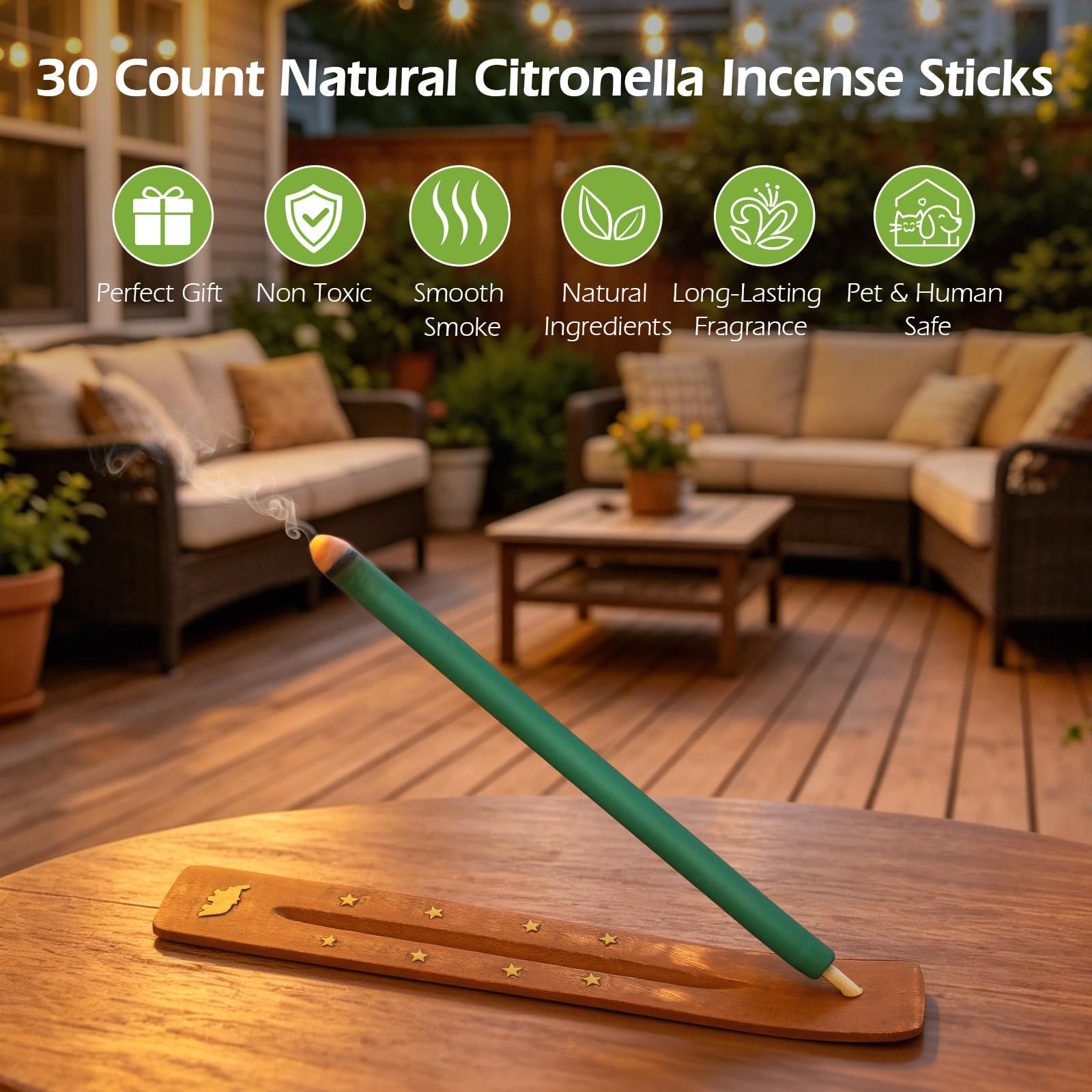 Varillas de Incienso de Citronela 30 Piezas con Soporte,Larga Duración hasta 3000 Minutos,Incienso de Citronela con Aceite Esencial para Jardín Terraza Balcón Camping Barbacoas
