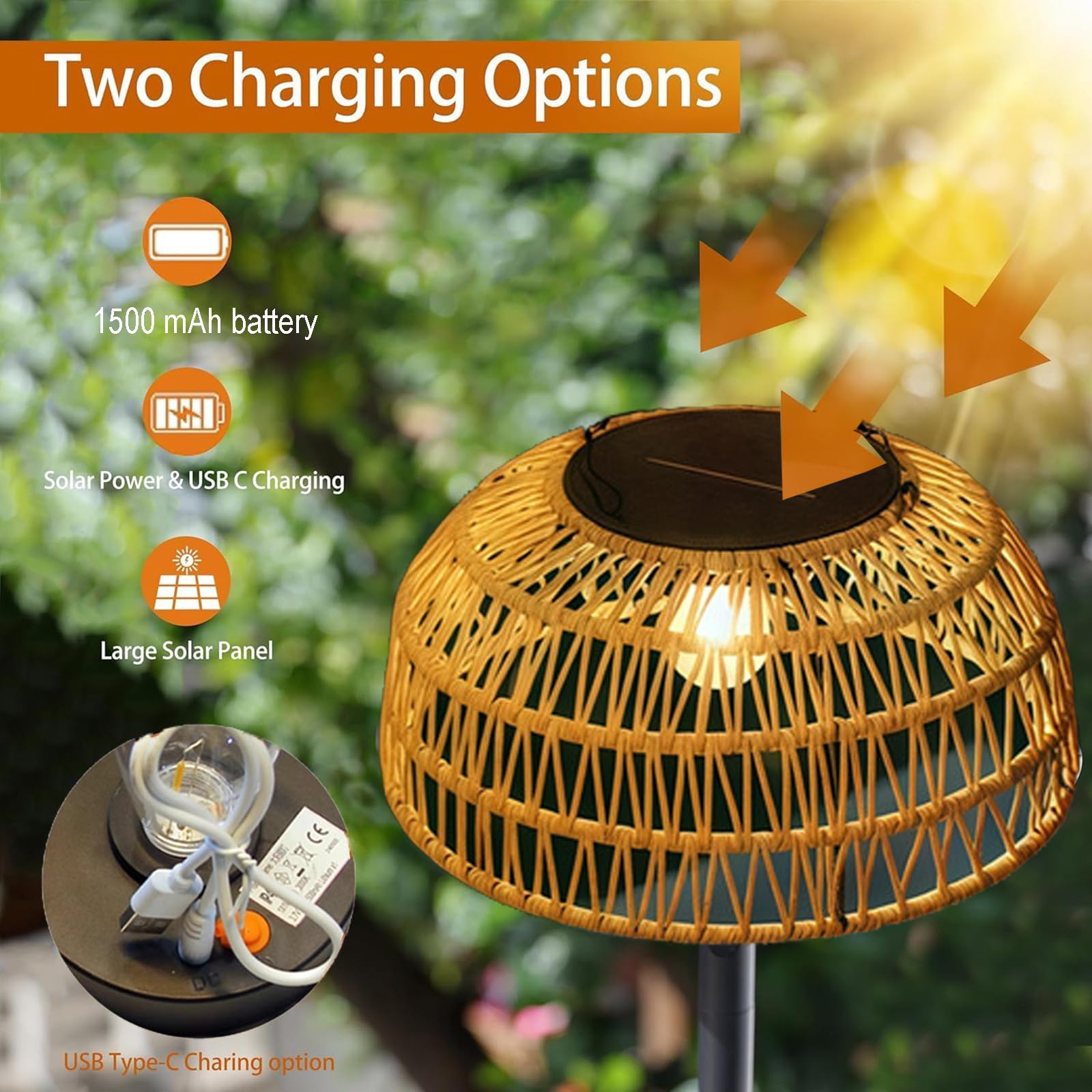 Lámpara solar de pie para exteriores, inalámbrica, patio, terraza, jardín, impermeable, postes de metal, carga solar, USB