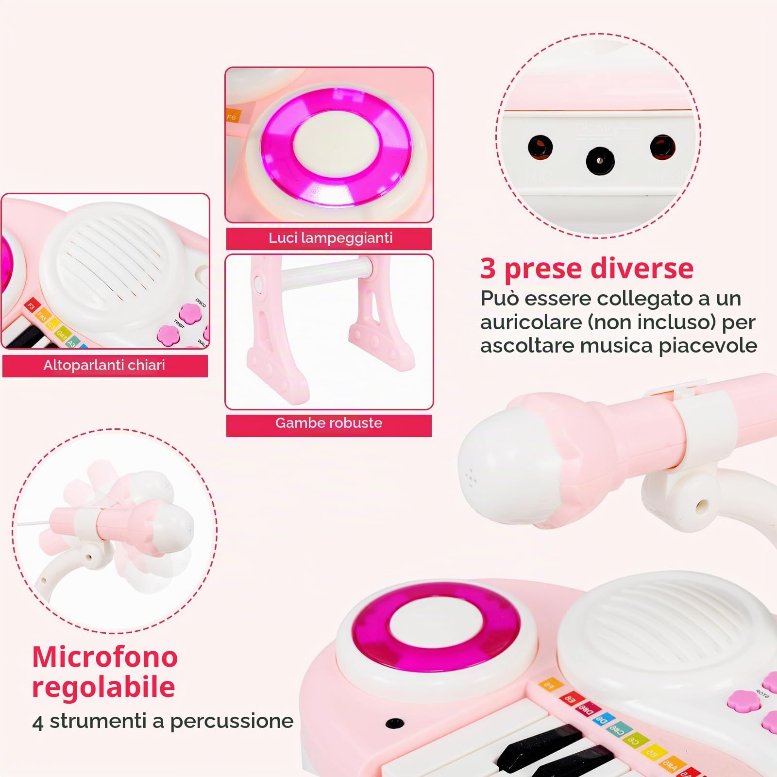 KOMFOTTEU Pianoforte per Bambini con 37 Tasti, Pianola per Bambina con Effetti Luminosi e Microfono Regolabile, Tastiera Musicale Bambini con Sgabello, 8 Ritmi/Suoni per Bambini 3+ Anni (Rosa)