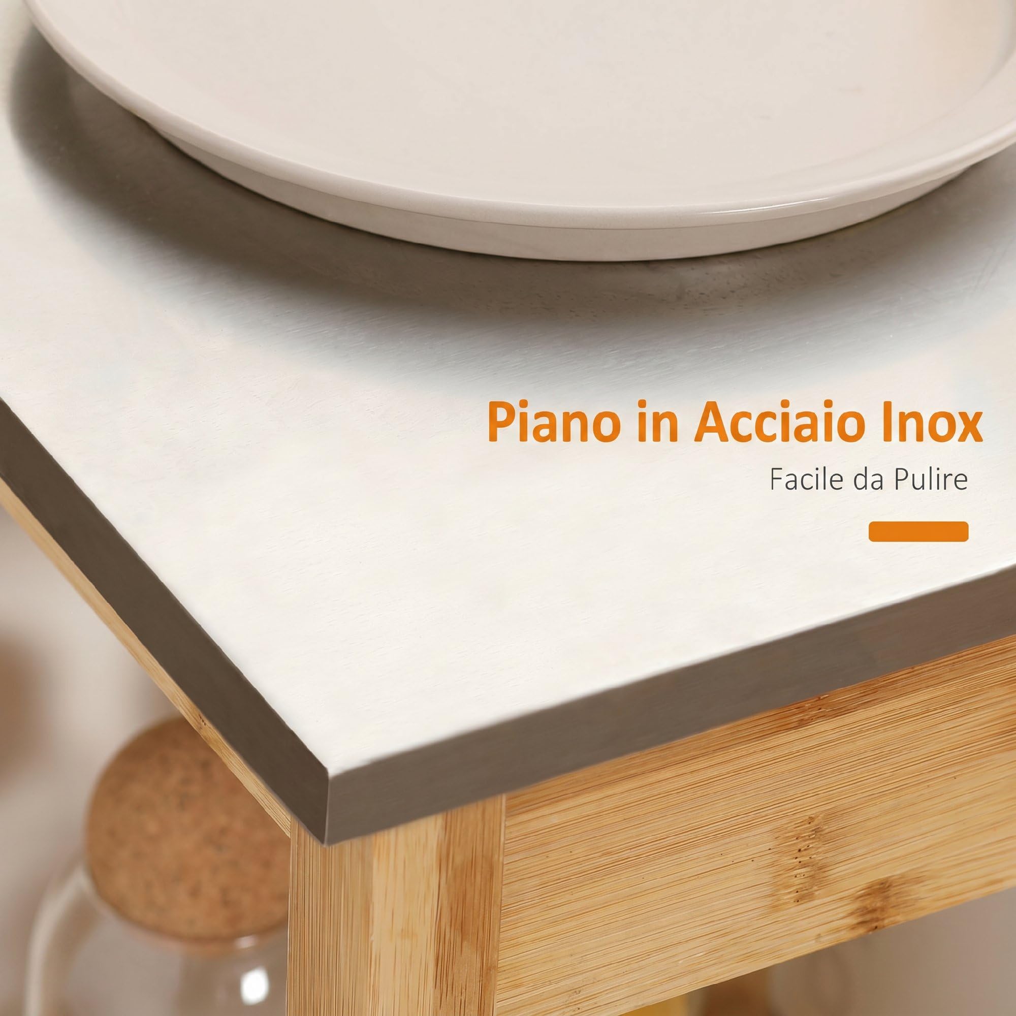 HOMCOM Carrito de cocina de bambú, carro de cocina ahorra espacio con tablero de acero inoxidable, cajón y estantes de láminas, carro frutero y verduras, para salón salón salón natural