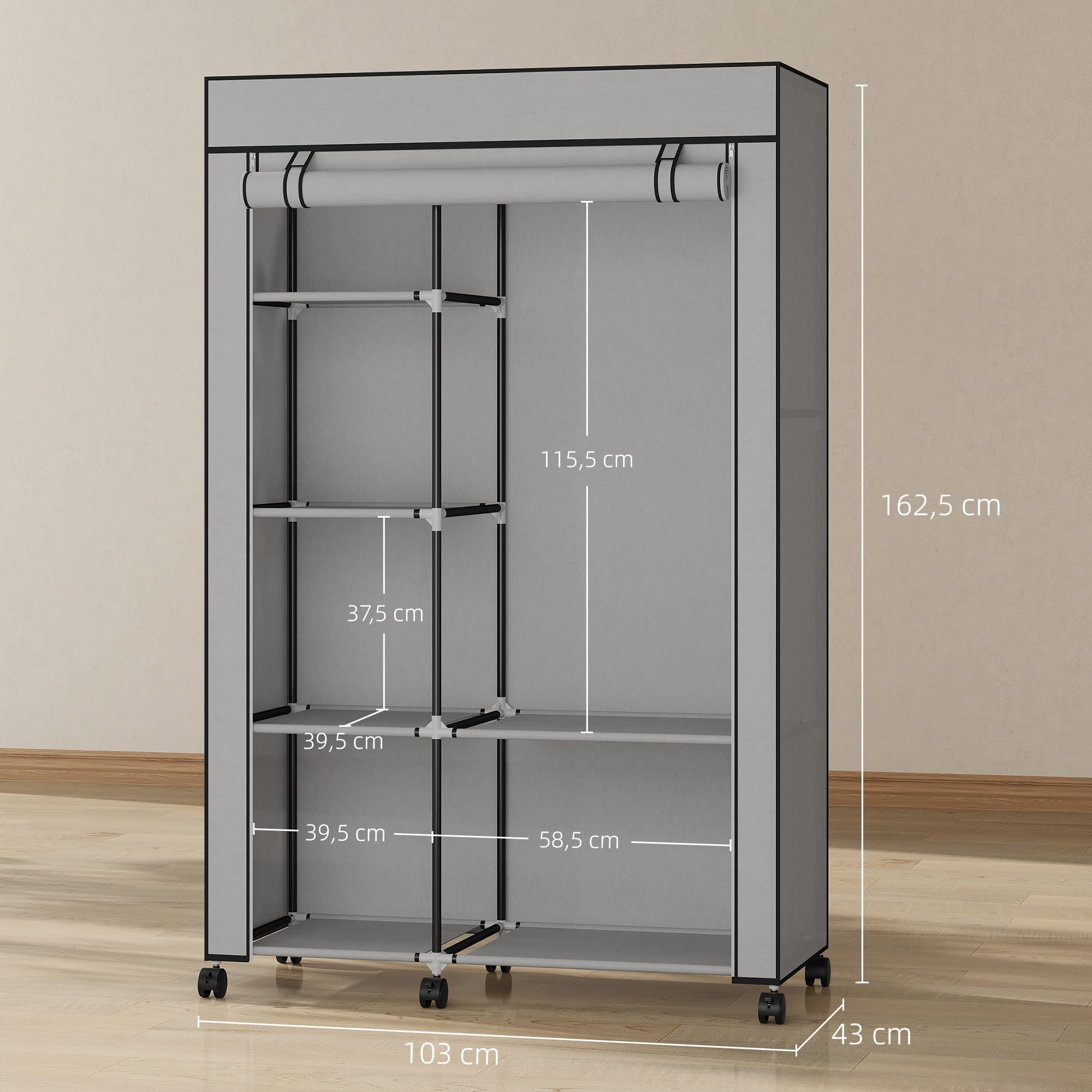 HOMCOM Armario de Tela con Ruedas, Armario Portátil, con Barra para Colgar, 6 Estantes, Marco de Acero, para Dormitorio, Vestidor, 103x43x162,5 cm, Gris Claro