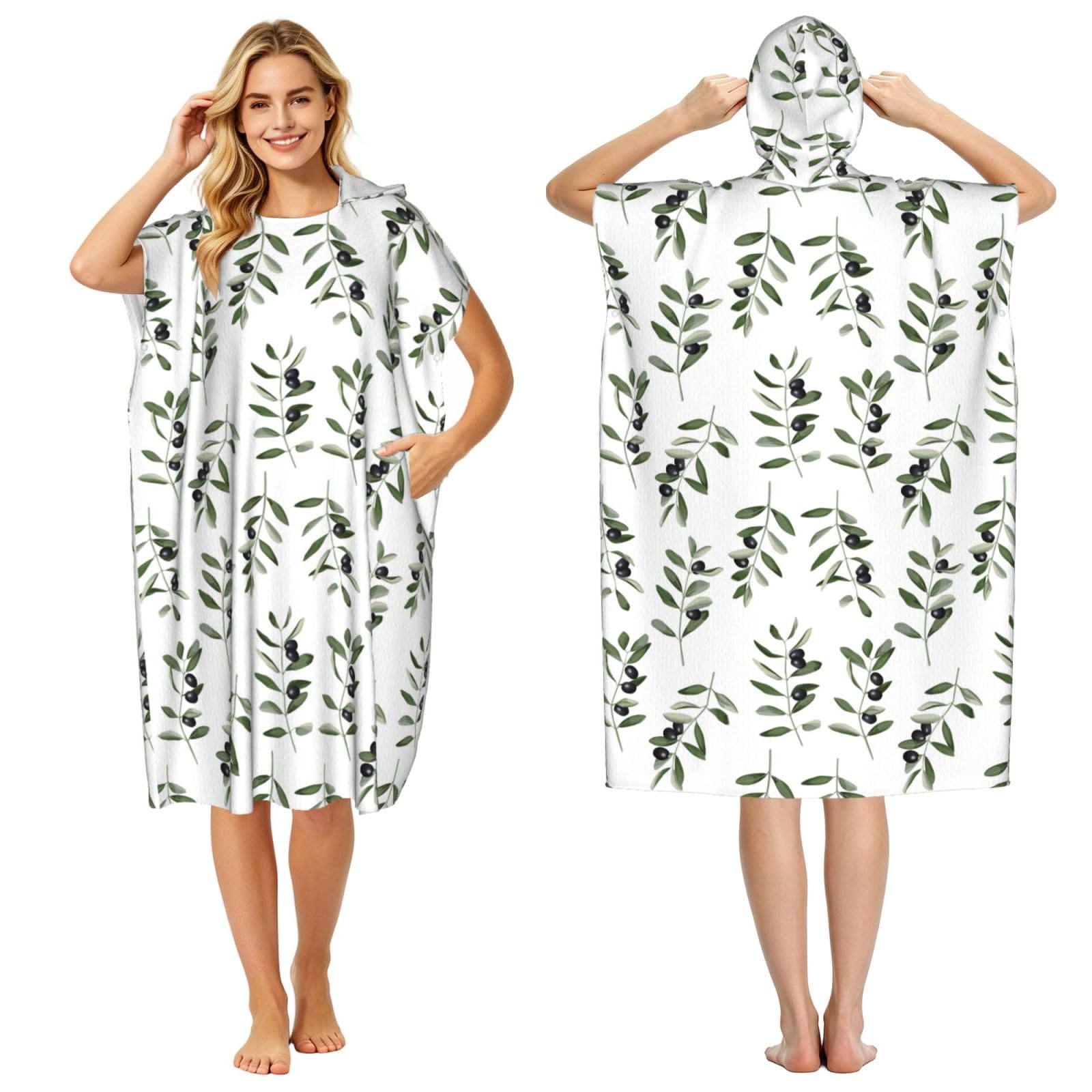 Poadnly Olive Branch Watercolor Style Nature, Adult Hooded Beach Towel 90 x 110 cm,Changing Bath Robe, Surf Poncho Towel For Women Men