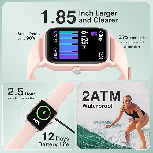 Miniatura 5 de Relojes inteligentes para mujeres y hombres, pantalla HD de 1.85 pulgadas, batería de 350 mAh, duración de la batería de 12 días, llamadas, alertas