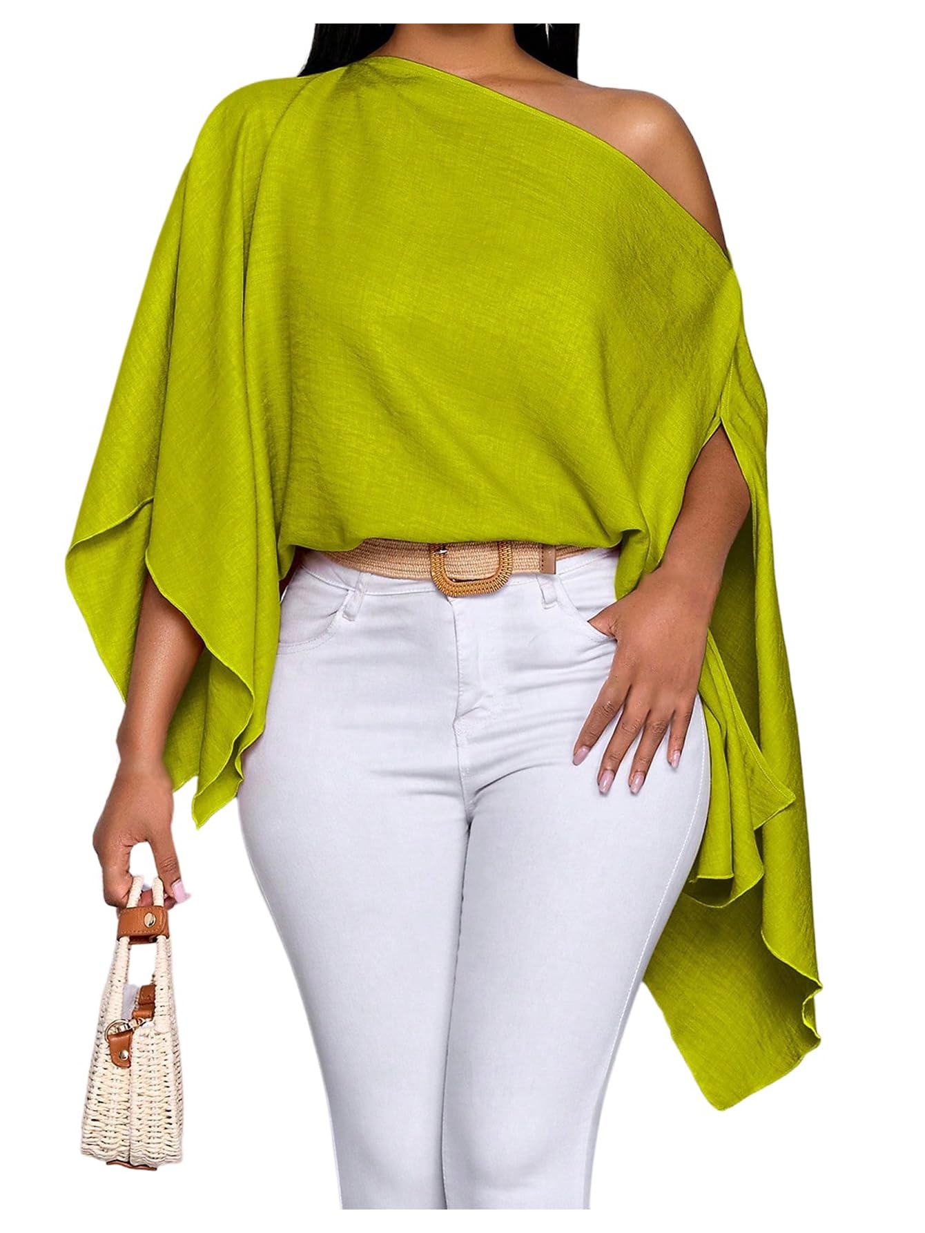 MakeMeChic Women's Off The Shoulder Blouse Asymmetrical Long Sleeve Poncho Tunic Dressy Shirt