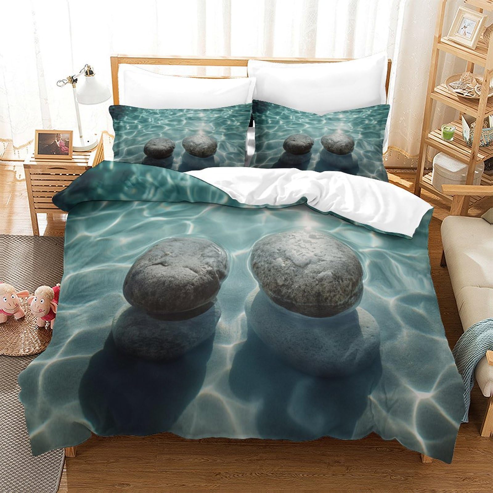 P1s9u7w5y Water Ripple-4 Calming Water Stones 3D Printed Duvet Cover Set 3Pcs Microfiber Ripple Bedding Set King（220X240cm）