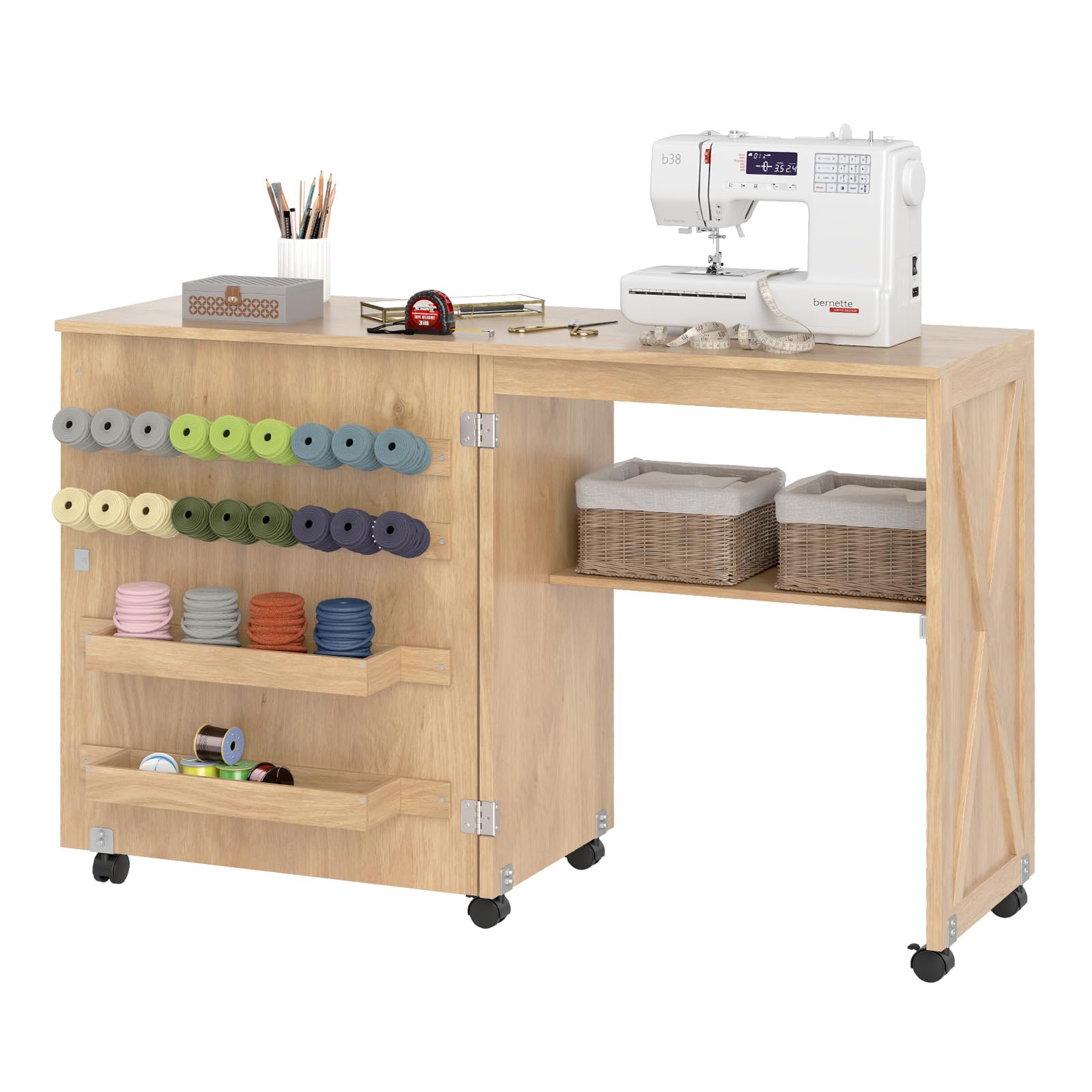 RELAX4LIFE Table de Couture Pliante avec 3 Compartiments, roulettes Verrouillables, Etagère de Rangement, Armoire pour Machine à Coudre Peu Encombrante pour Aiguilles Fils et Ciseaux (Naturel)