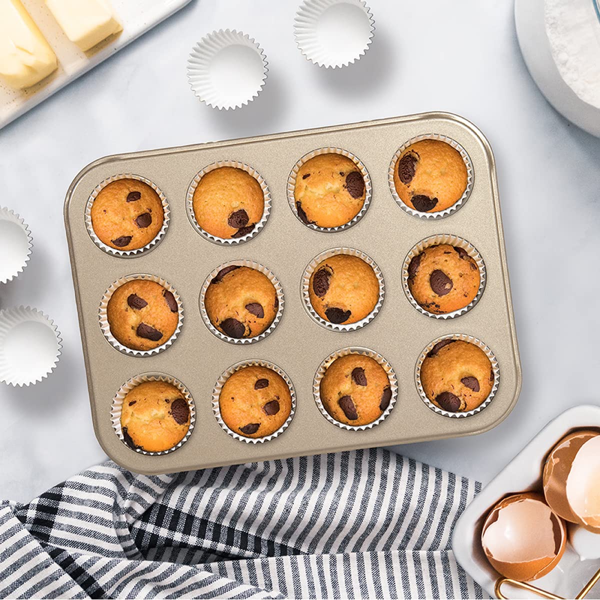 12-Cup Nonstick Muffin Pan – Carbon Steel, Easy Clean, Blue & Gold (Fits Regular Cupcakes) - View #3