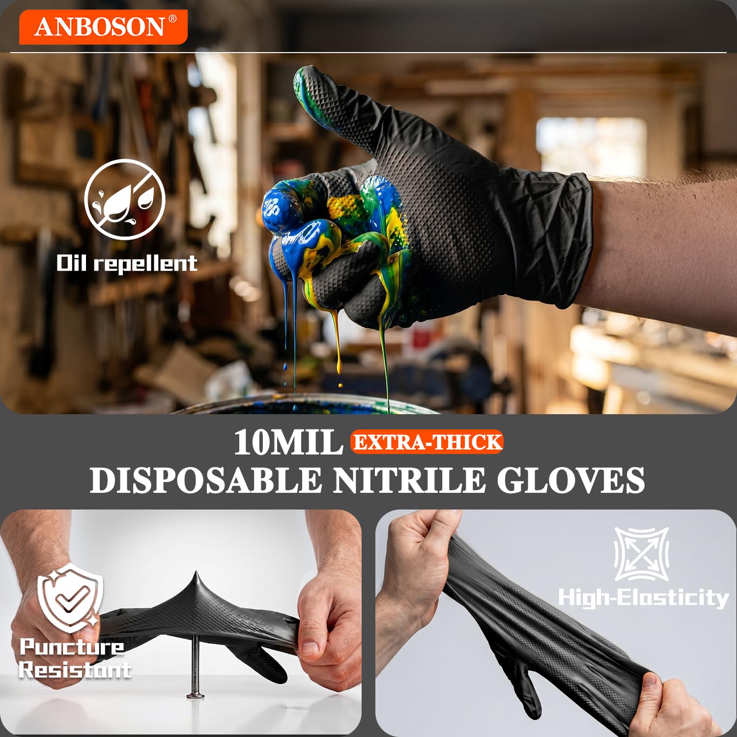 ANBOSON Guantes desechables de nitrilo negro de 10 mil, mecánicos, guantes de trabajo de seguridad, sin látex ni polvo, totalmente texturizados de diamante (negro, 100, XL)