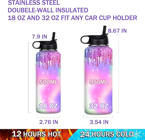 Miniatura 5 de Botella de agua personalizada para niñas con estampado de 18 oz32 onzas, acero inoxidable con nombre personalizado para niños, botella de agua