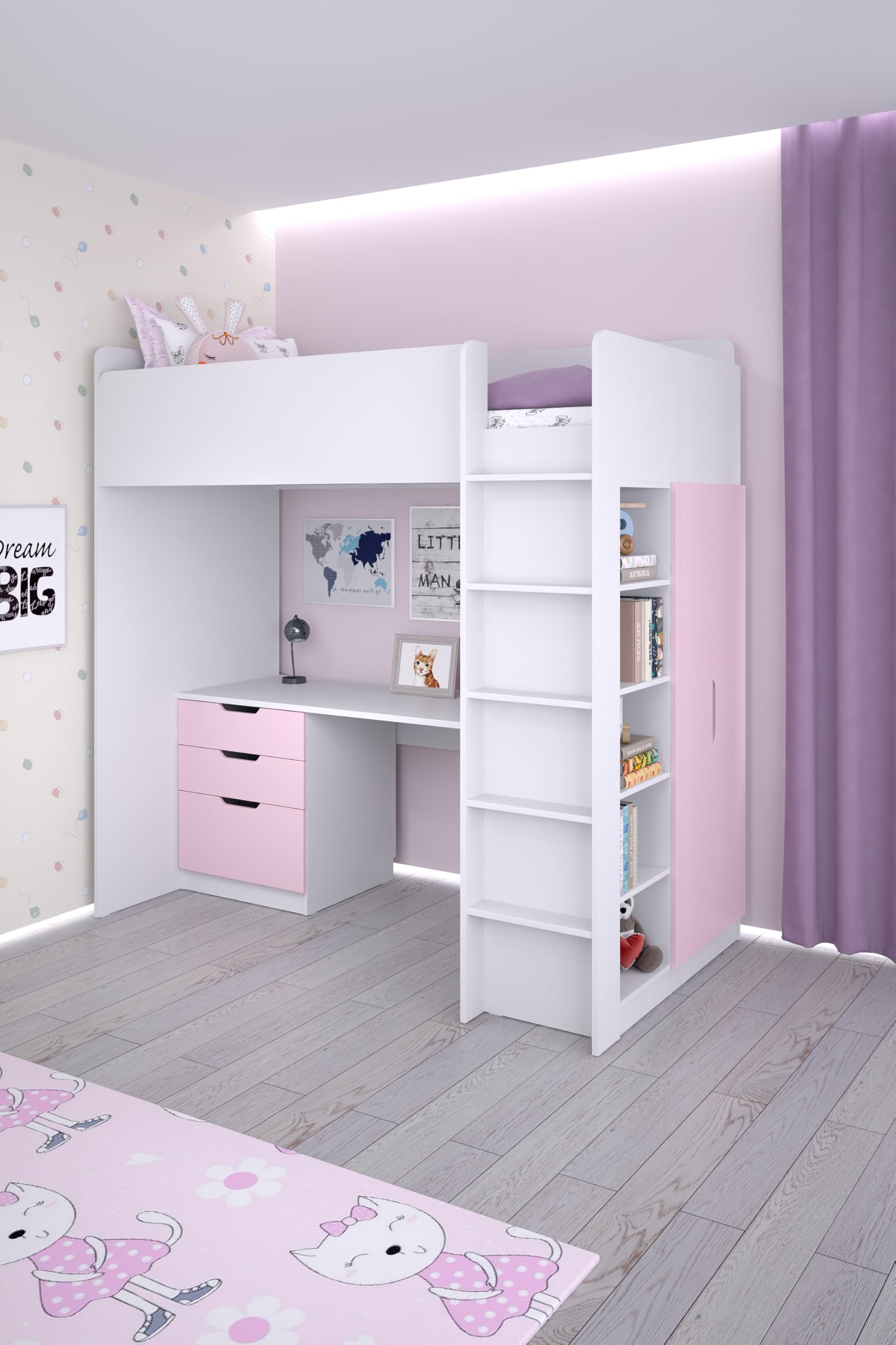 Shefa Kids Hochbett Mit Schreibtisch - Platzsparendes 5-in-1 Hochbett Kinder Mit Treppe, Kleiderschrank, Regal & Arbeitsbereich - Rosa, Belastbar Bis 90 Kg, Maße: 206 x 107 cm