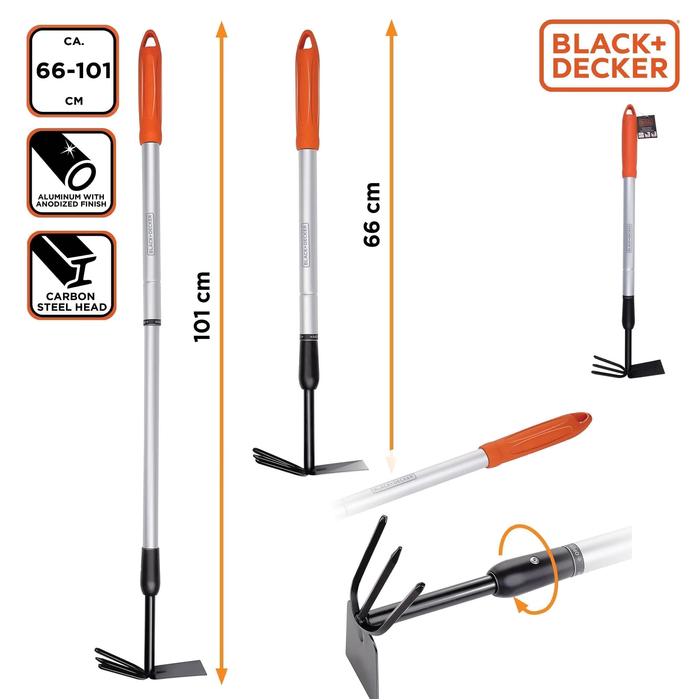 Black+Decker Cultivador, Azada y Azadón, Longitud Regulable 66-101 cm, Cultivar y Desherbar, Cabezal de Acero al Carbono