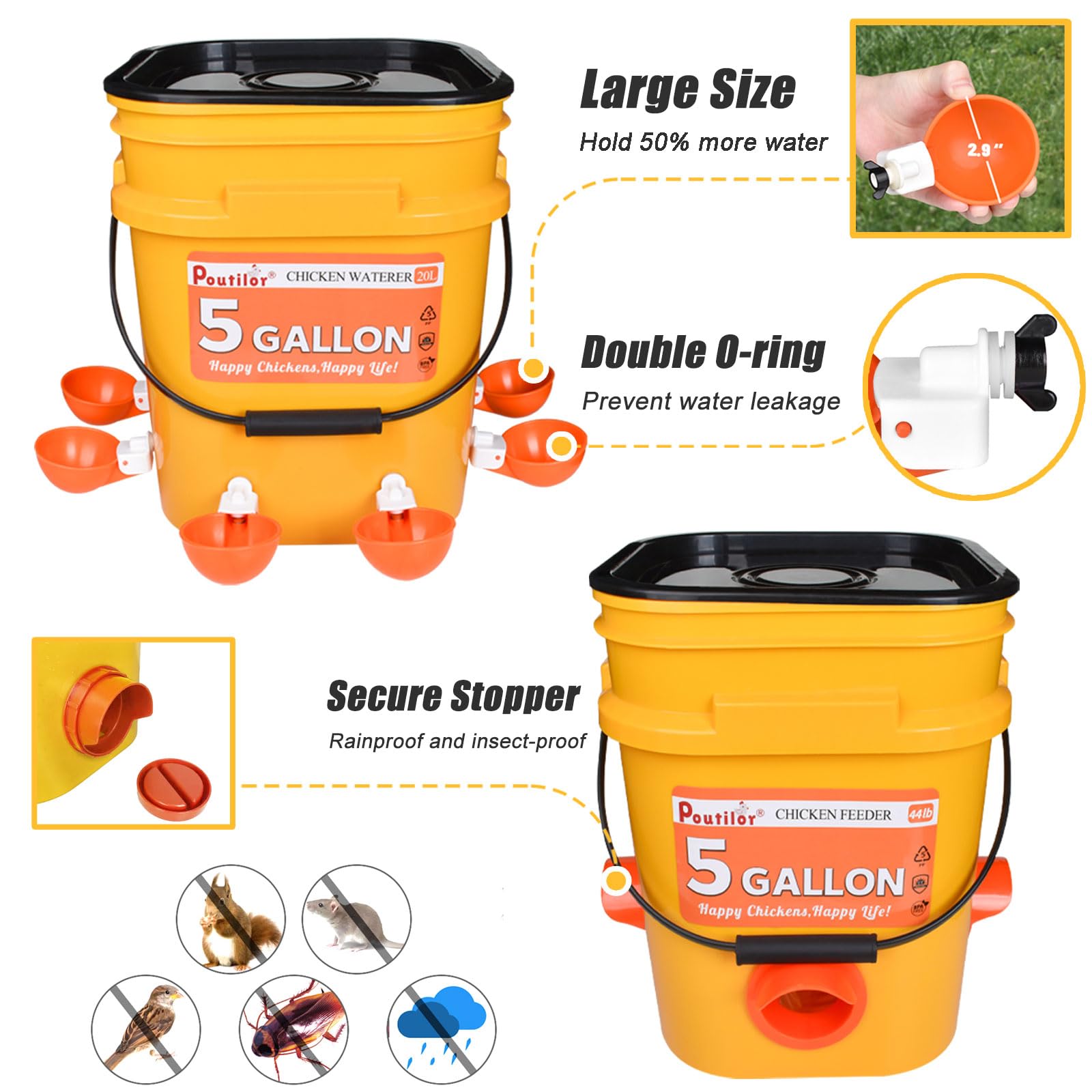 Juego de comedero y bebedero automático de pollo de 5 galones (2 cubos), juego completo real, bebedero grande para aves de corral, tazas de agua y puerto de alimentador, 44 libras/20 L