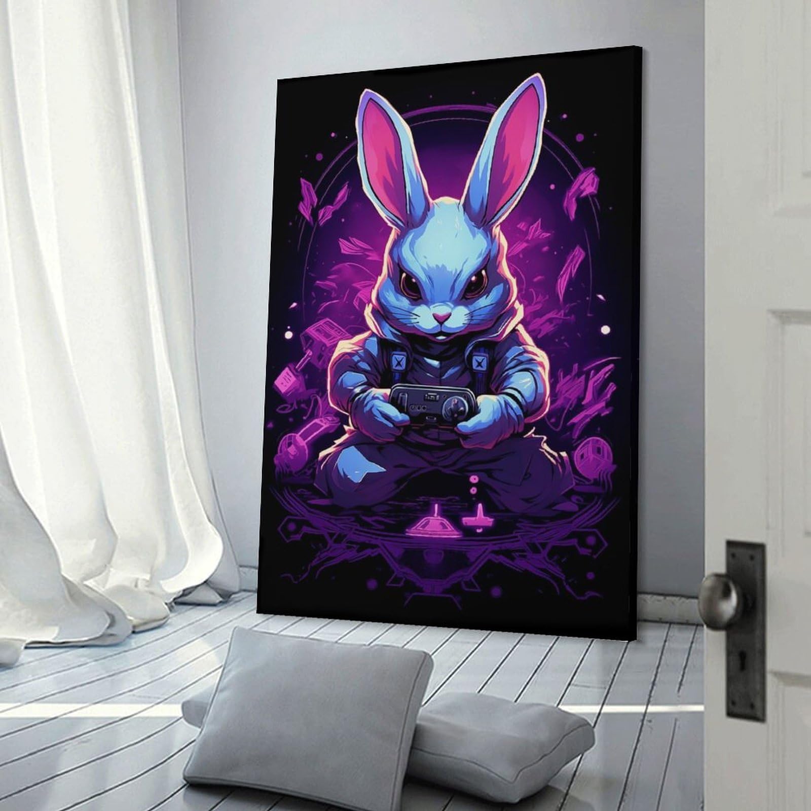 Junmoney Frame-Style-18 Canvas Art Print Neon Bunny Gaming, 24X36inch(60X90cm), For Contemporary Homes, Apartments Or Offices, Decorative Canvas Decor For Home Updates