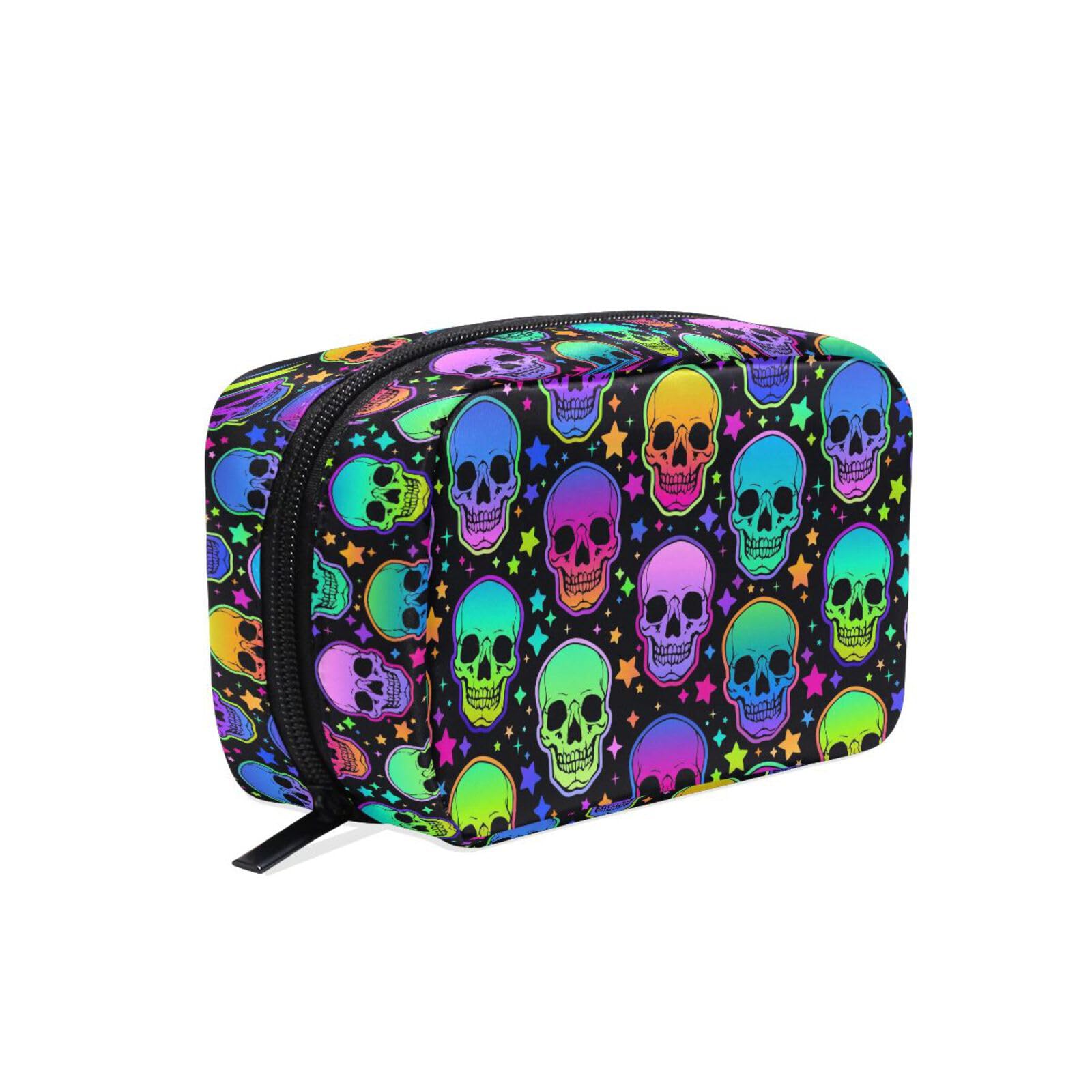MNSRUU Small Cosmetic Bag for Girl Women Travel, Bright Skulls Makeup Toiletry Organizer Bags with Compartments