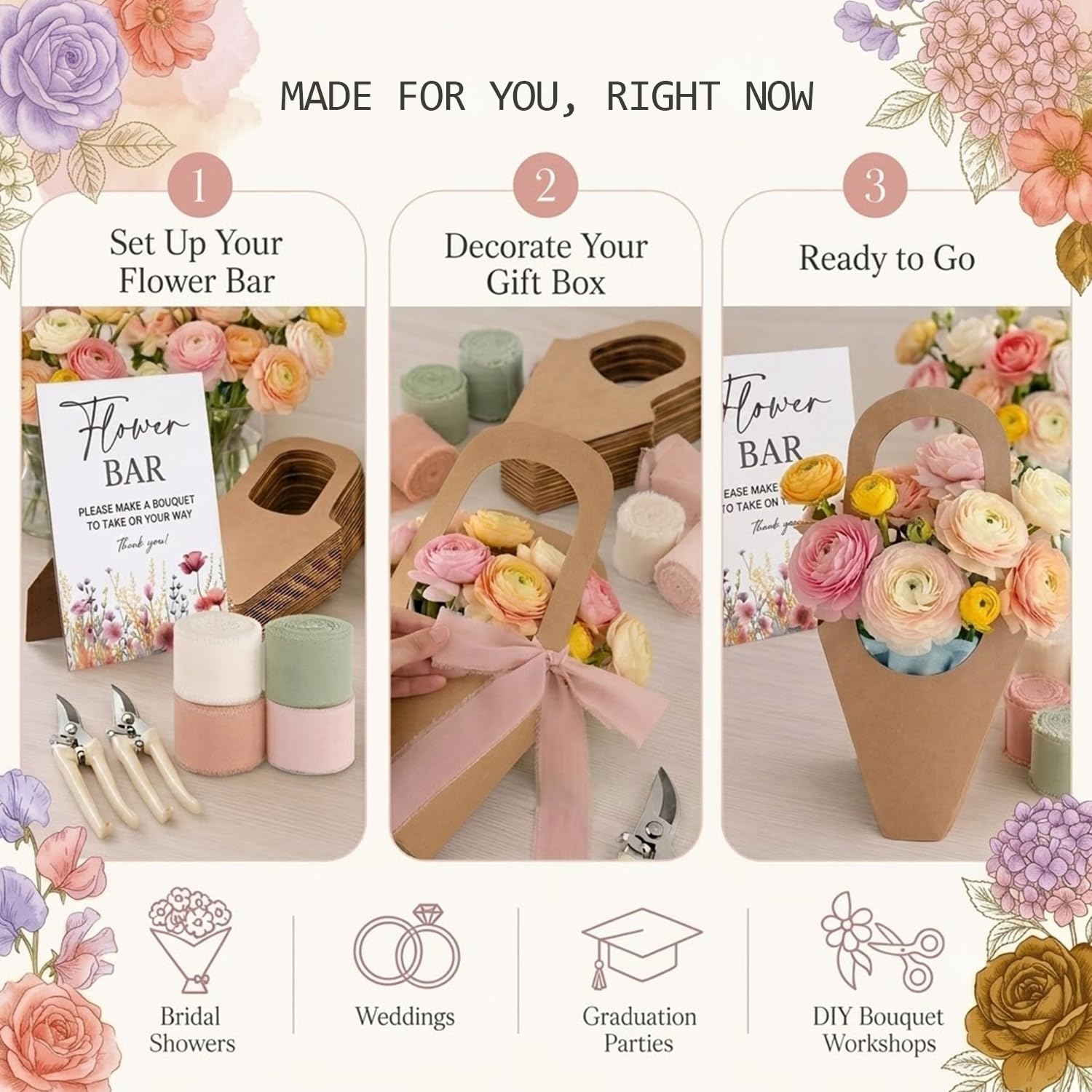 47 Pcs Flower Bar Supplies Set - Flower Arranging Kit, 40 Bouquet Wrapping Gift Bags with Handles, 4 Chiffon Ribbons, 2 Garden Scissors for Floral Decor, Wedding & Bridal Shower image 3