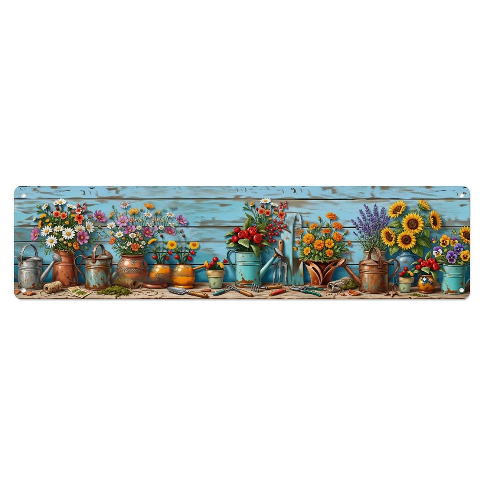 Fqnyr Style Metal Tin Sign Floral Garden Tools Rambling Roses Pattern Print
