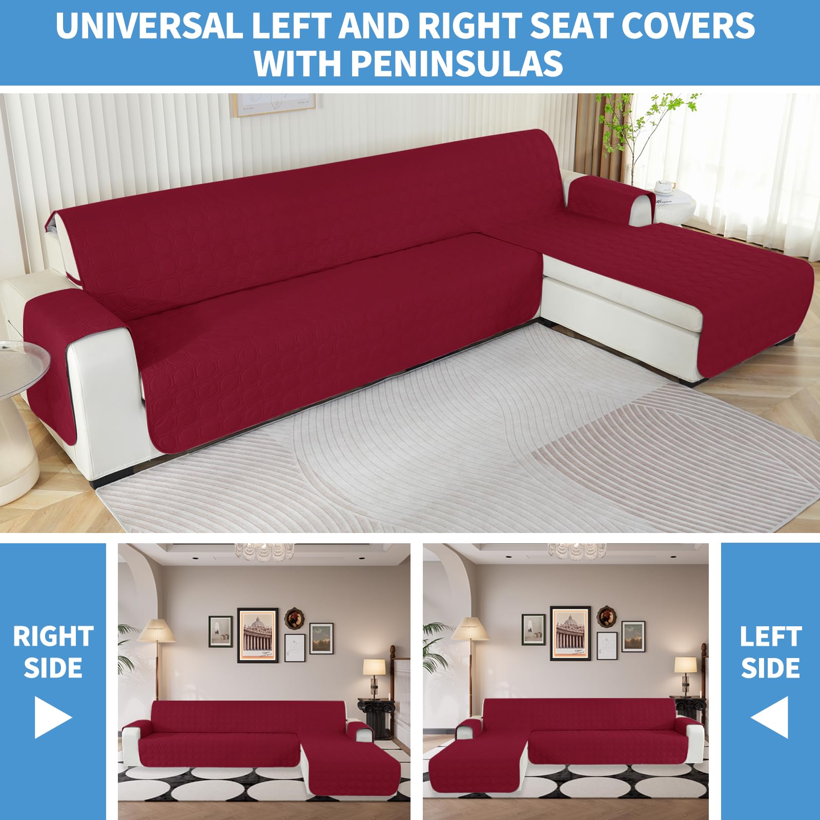 Ystyle Copridivano Impermeabile con Penisola 2 Posti (L 210 CM), Copridivano Angolare Destra/Sinistra Universale Reversibile, Copridivano Chaise longue Antigraffio Antimacchia, Vino Rosso