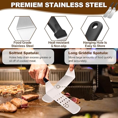Miniatura 3 de Juego de 14 accesorios para parrilla, juego de accesorios de parrilla plana para Blackstone y Camp Chef, juego de espátulas para parrilla con