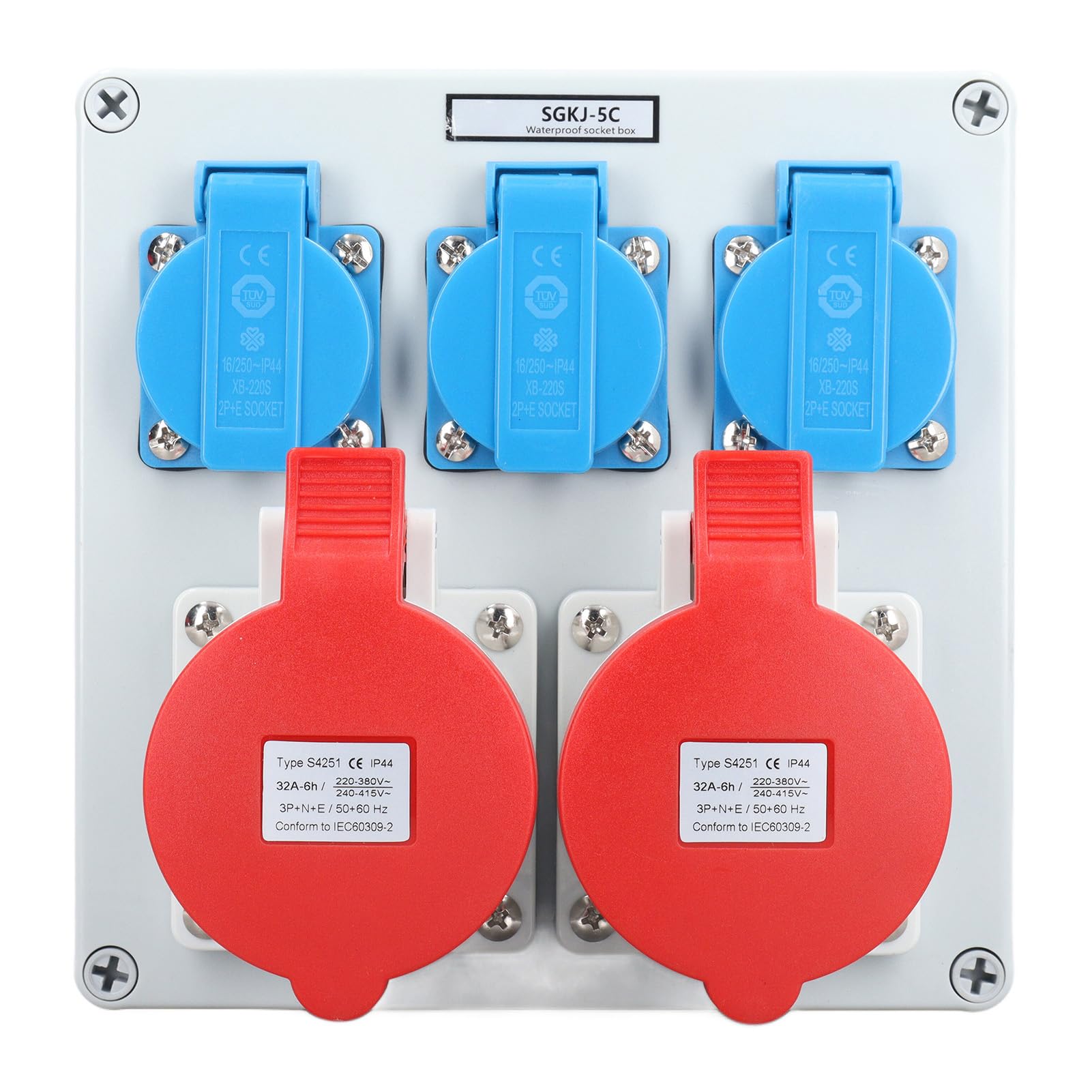 FTVOGUE CEE-Wandsteckdose, Wasserdichte Steckdosenbox, 16 A, 250 V und 32 A, 5-polige EU-Steckdose, IP44, Wandmontage-Steckdose für Outdoor-Werkstatt, Garage, Industrieausrüstung