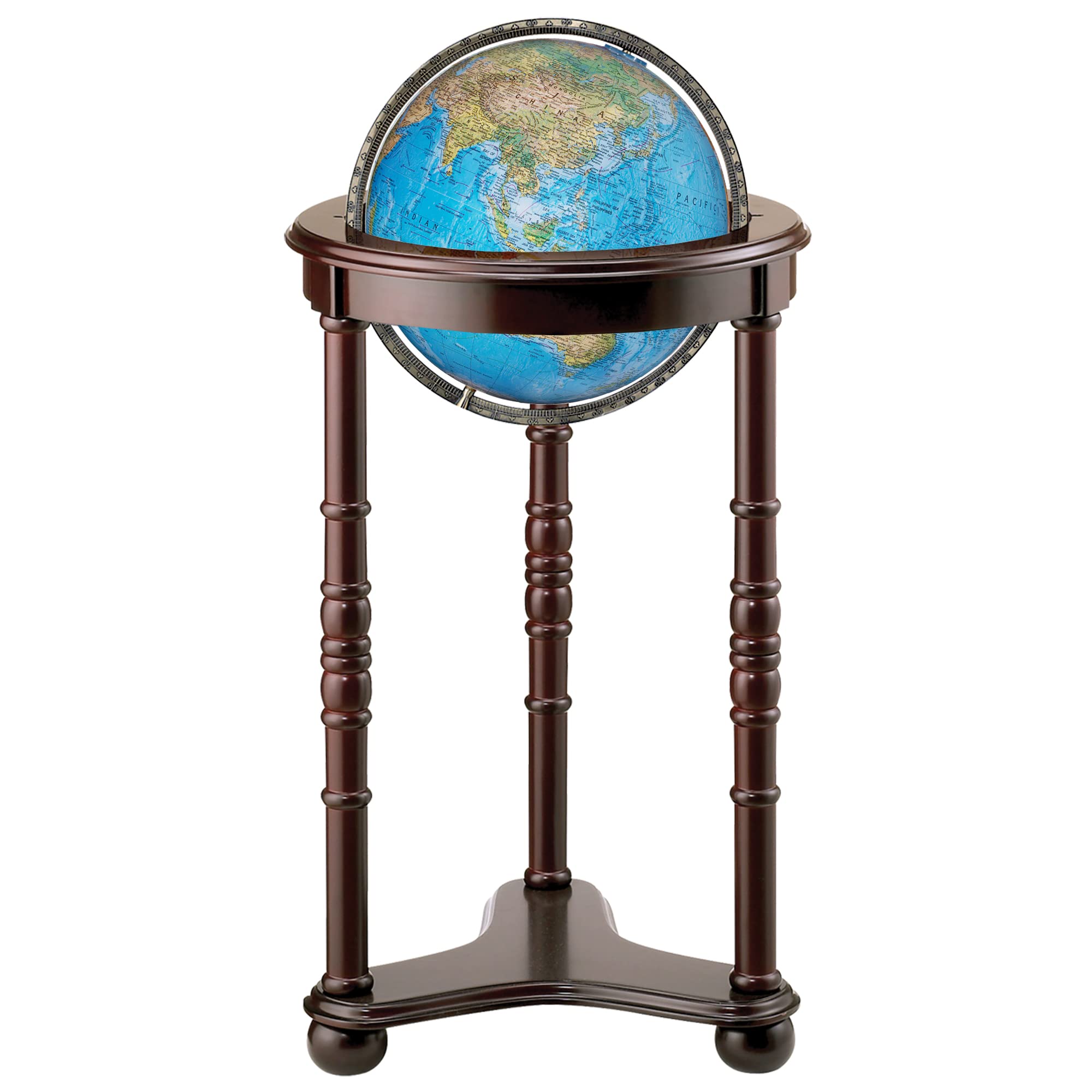 Lancaster Illuminated 12" Diameter Globe, USA Cartography with Cherry Finsihed Hardwood Stand and Blue Ocean Globe Ball. Features a blue illuminated globe ball, that has dual cartography. The two-way map and raised-relief design of this 12" globe provide a standard view of the physical world or an illuminated display of the political world.