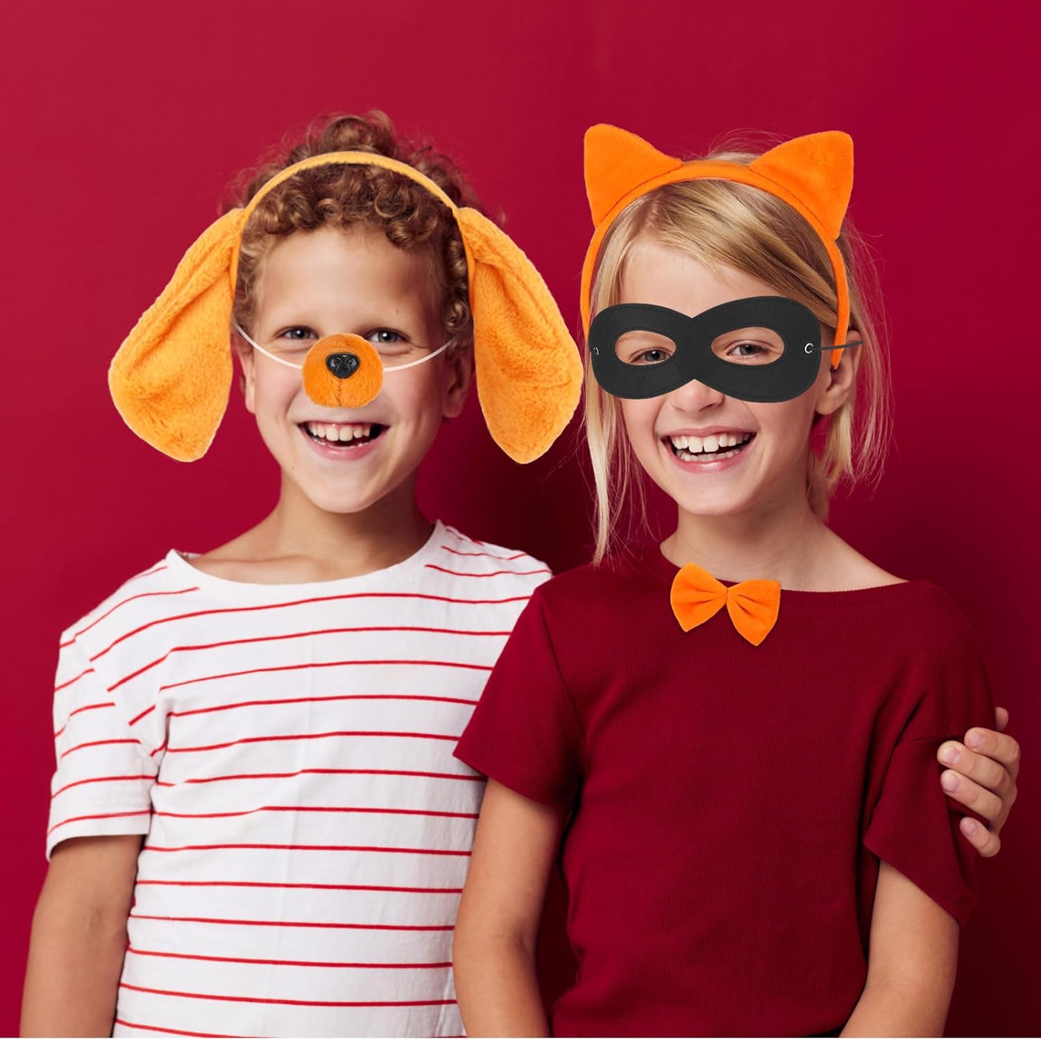7 Pcs Orange Cat and Dog Costume Set for Kids Including Dog Ears Headbands and Noses Cat Ears Headband Tail Bowtie Black Eye Mask Cape for Halloween Party Cosplay World Book Day - Image 6