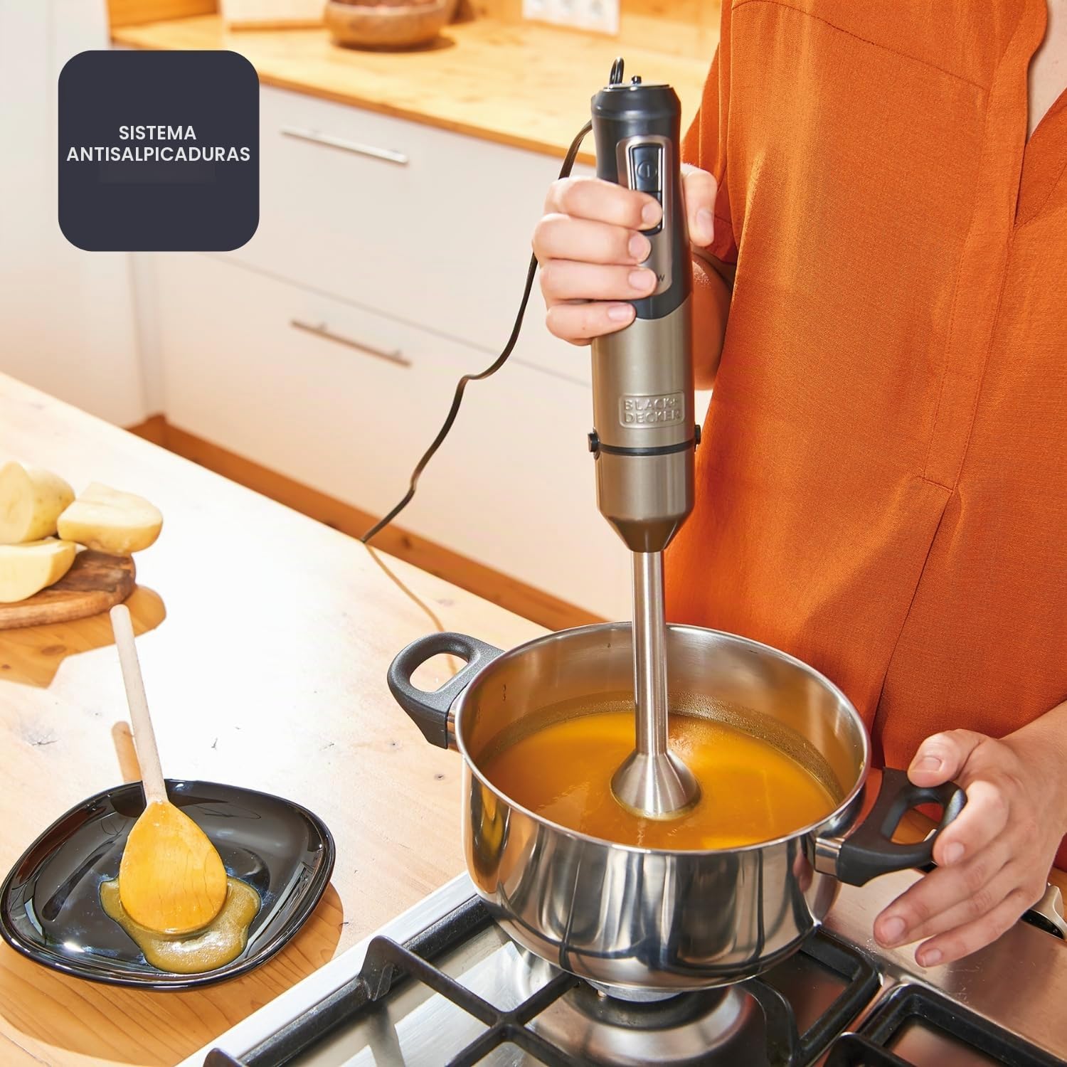 BLACK+DECKER BXHBA1000E - Batidora de mano eléctrica multifunción 3 en 1 | 1000W | 20 velocidades + Turbo | Antisalpicaduras | Vaso medidor | Bol picador | Varilla batidora | Negro e inox antihuellas