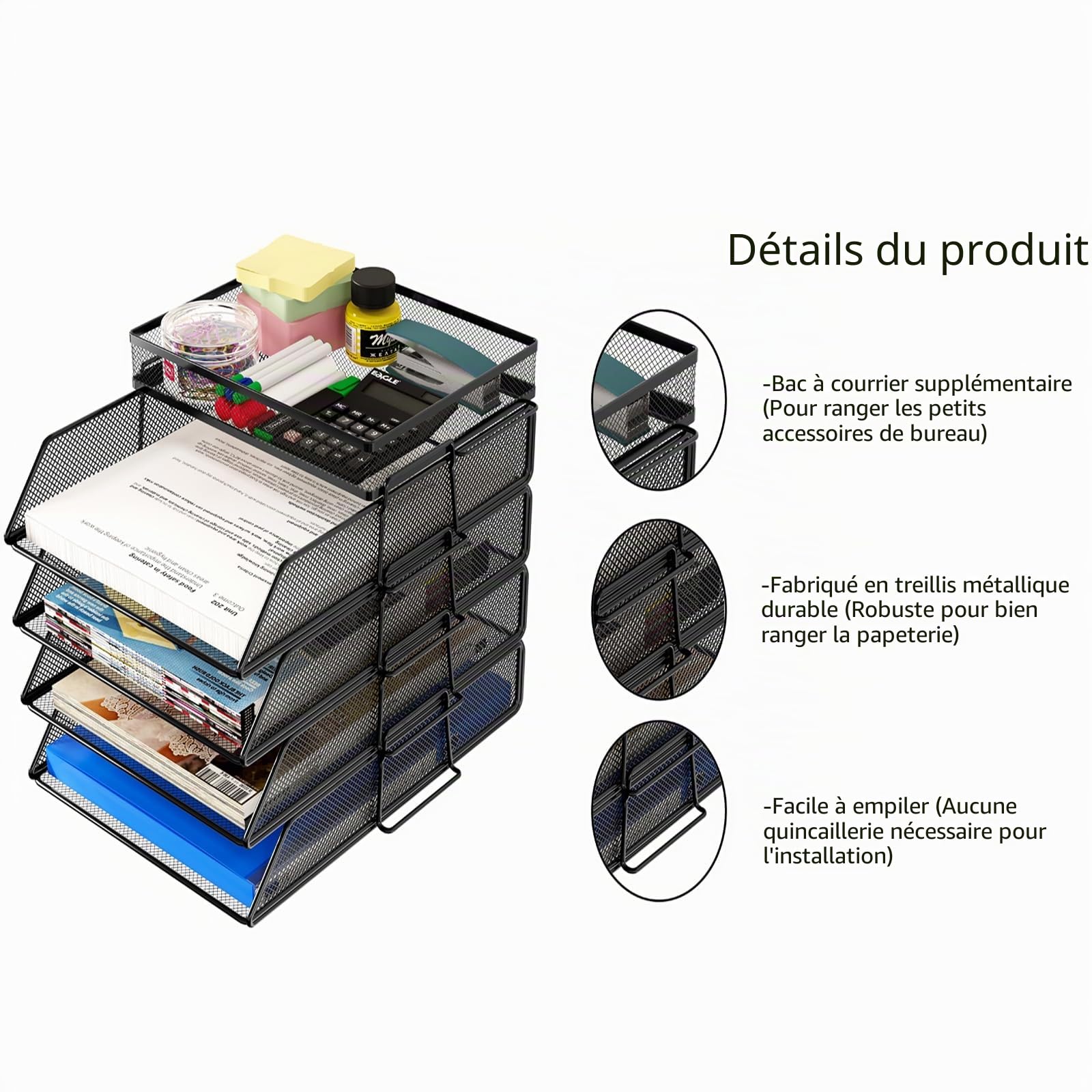 TQVAI Lot de 5 Empilable Métal Corbeille a Courrier Organiseur de Bureau Porte Revue Bureau Trieur Documents A4 Rangement Papier Range Courrier, Noir