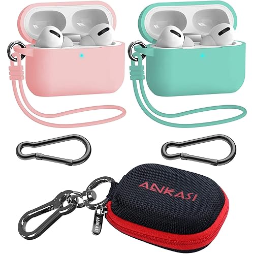 AirPods Pro Case Cover with Keychain, Full Protective Silicone Skin Accessories for Women Men Girl with 2 Packs Apple AirPods Pro(2nd/1st Generation) (Light Green + Pink)