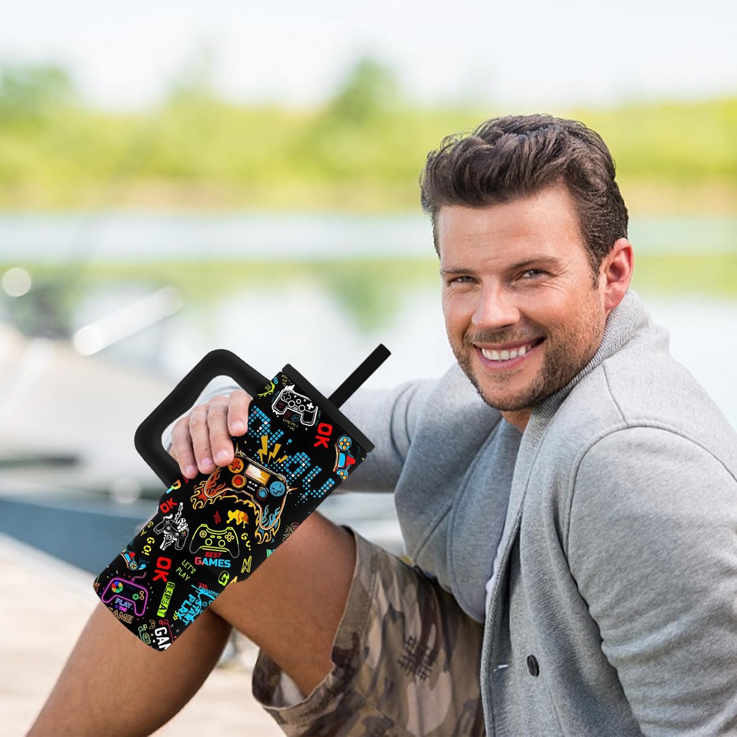 Hiboss Gamer Gaming Gifts for Men Boys, Gaming Tumbler with Handle and Straw 24oz, Insulated Stainless Steel Gamer Game Cup, Birthday Presents for Kids, Teens, Boys, Men, Son, Husband - Image 3