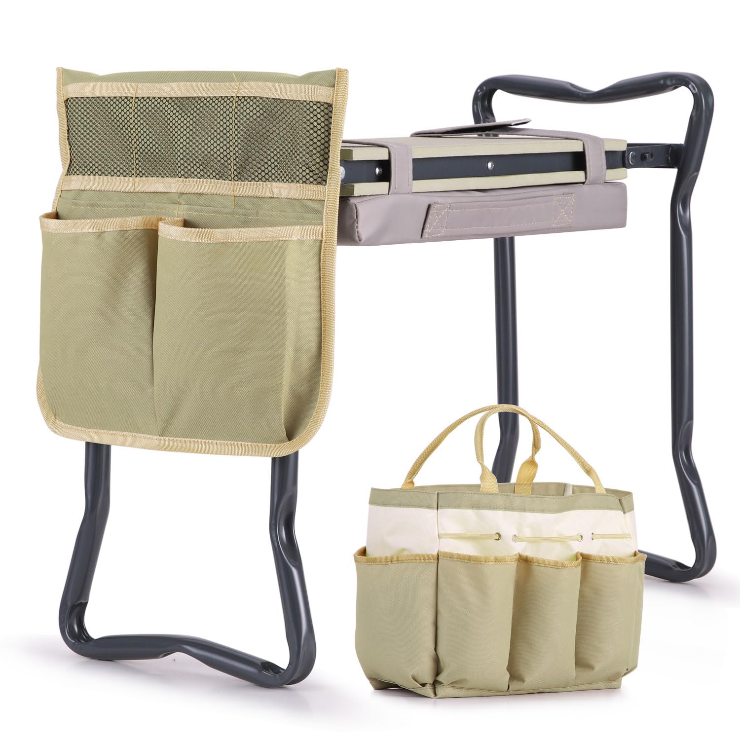 Ohuhu Agenouilloir et siège de jardin 2 en 1 pliable avec coussin doux amovible, banc de jardin robuste avec grand sac à outils et pochette, cadeau pour femmes, hommes, personnes âgées