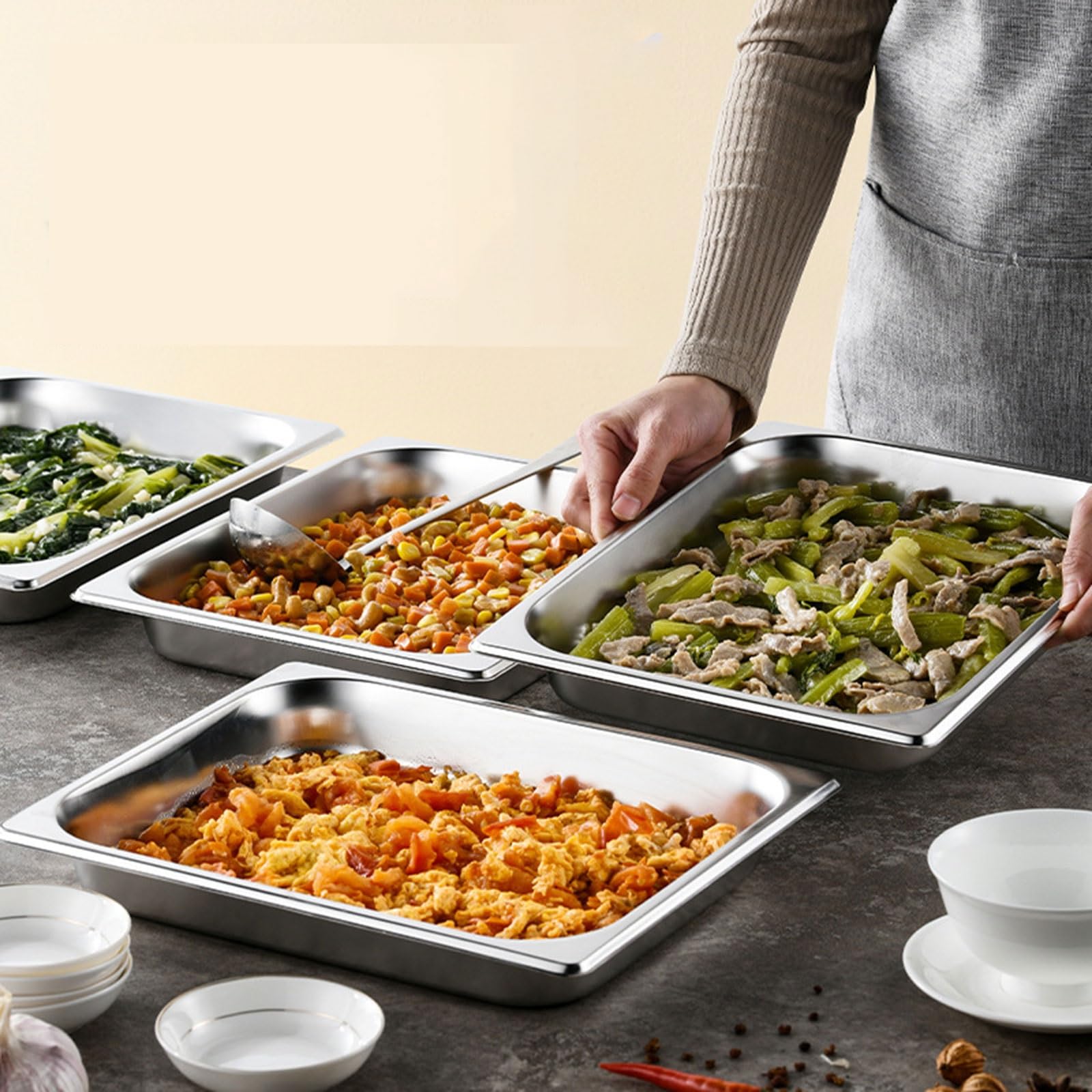 Scaldavivande in acciaio inox, scaldavivande per buffet, 4 pezzi, contenitore riscaldante per catering, contorni, eventi e buffet