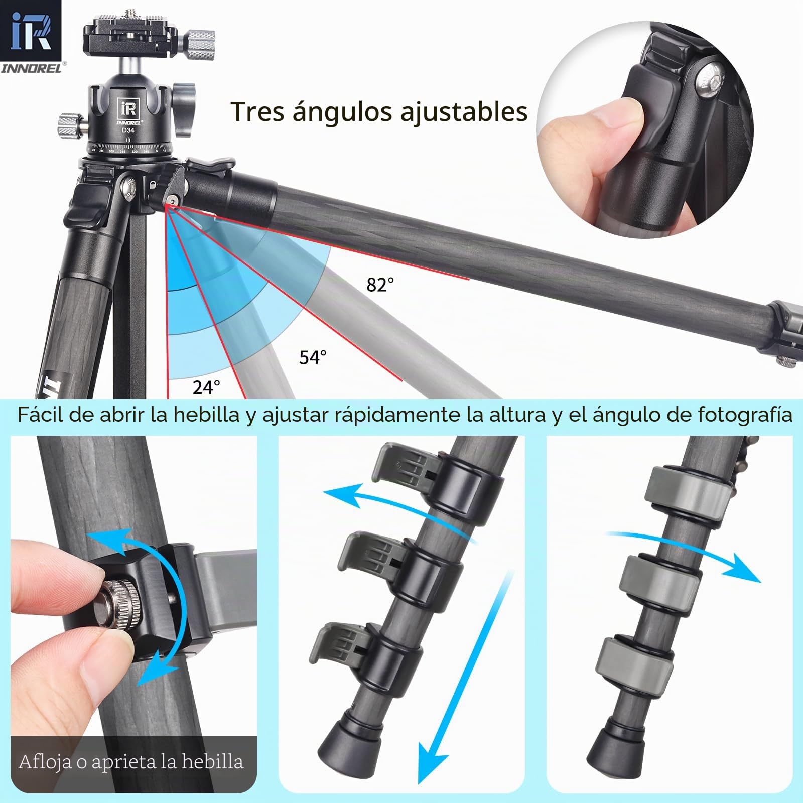 INNOREL P254CF Tripode de viaje de fibra de carbono 160 cm, trípode compacto profesional para cámara DSLR de viaje con rótula central de baja gravedad