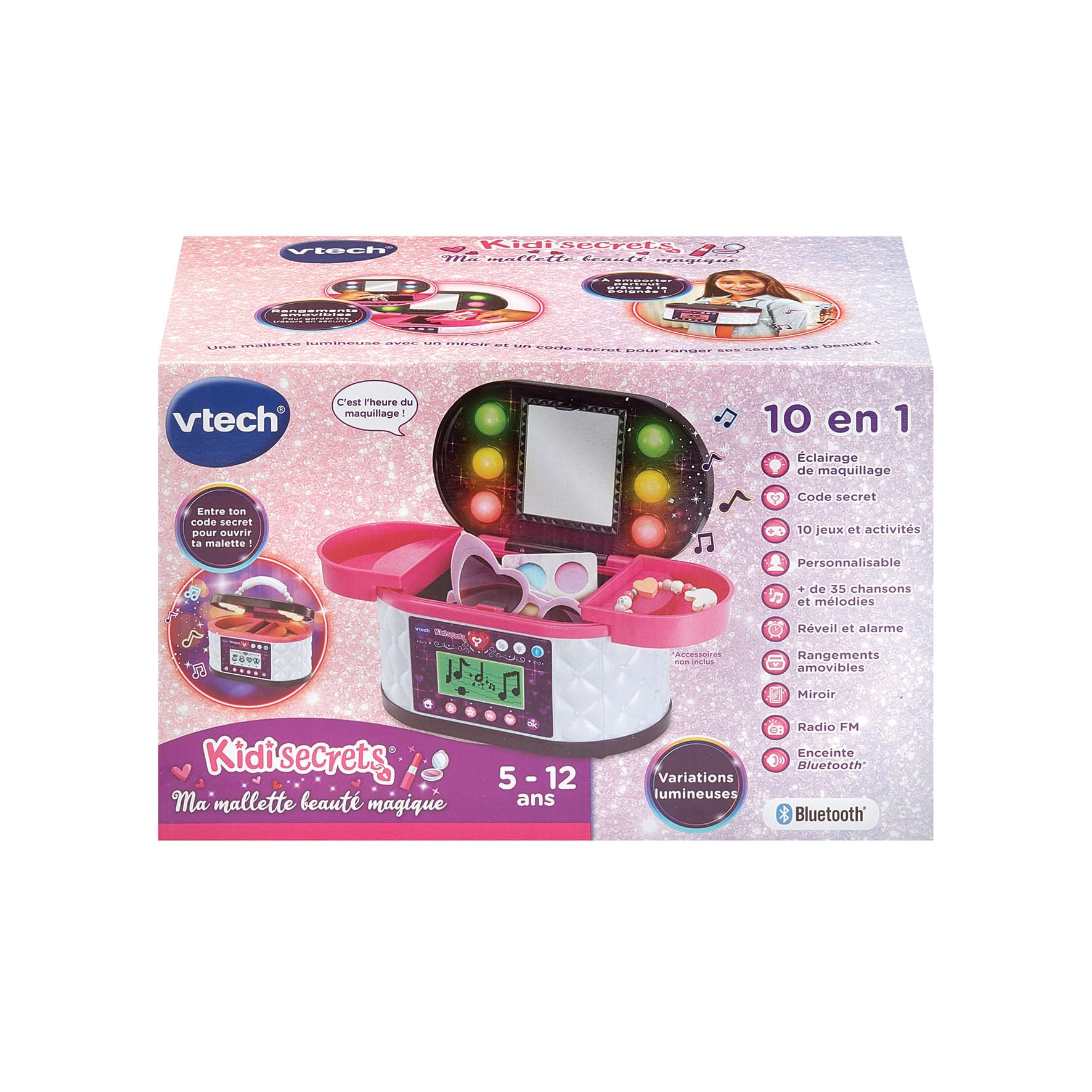 VTech - KidiSecrets Ma Mallette Beauté Magique Noire - Boîte Secrète avec Code, Miroir LED, Bluetooth, Jeux - Vanity Maquillage, Boîte à Bijoux Musicale - Cadeau Enfant Dès 5 Ans - Contenu en Français