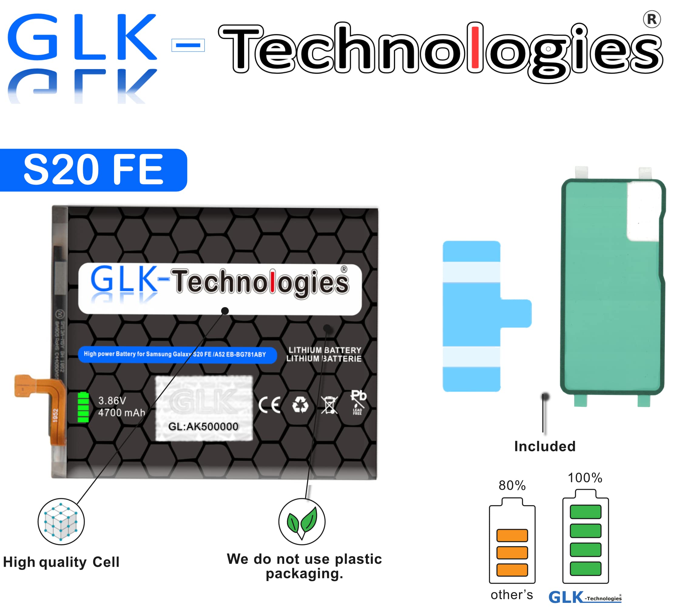 High Power Ersatzakku kompatibel mit Samsung Galaxy S20 FE (G780F) Galaxy S20 FE 5G (G781B) | GLK-Technologies Battery | accu | 4700mAh Akku | inkl. 2X Klebebandsätze 2026 BJ