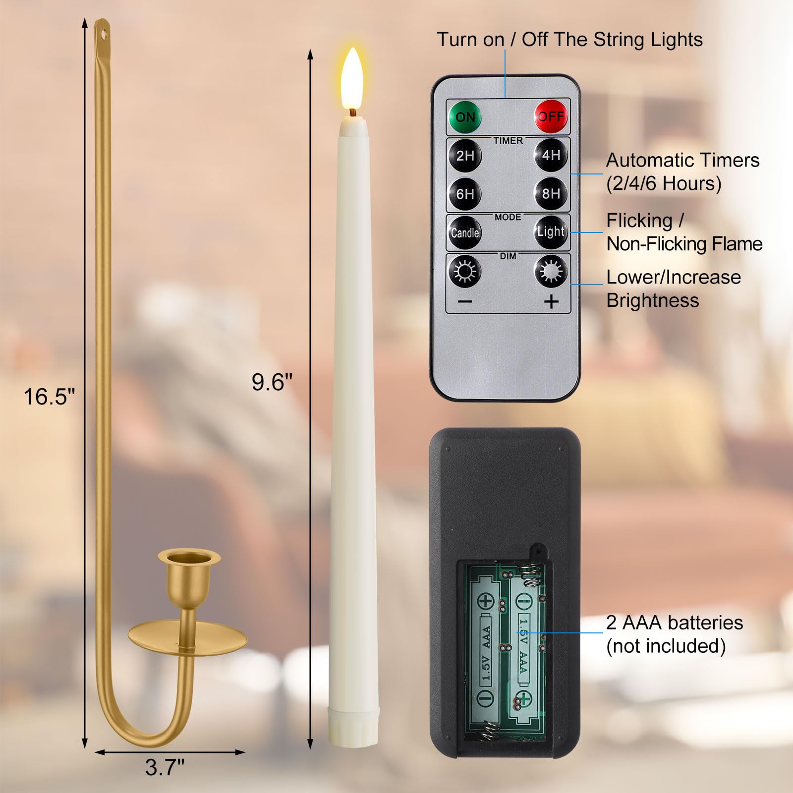 tessco for You - Juego de 2 candelabros de metal para montaje en pared con velas cónicas sin llama y temporizador remoto, velas LED de 9.6 pulgadas, portavelas de pared colgante de 16.5 pulgadas para