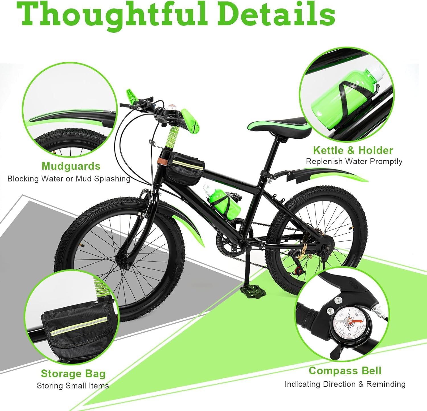 KOLHGNSE 20 Zoll Kinderfahrrad 7 Gang Mountainbike für Jungen & Mädchen ab 8-13 Jahre – höhenverstellbarer Kohlenstoffstahl-Rahmen, max. Tragfähigkeit 85 kg, inkl. Trinkflasche & Aufbewahrungstasche Sports & Outdoors