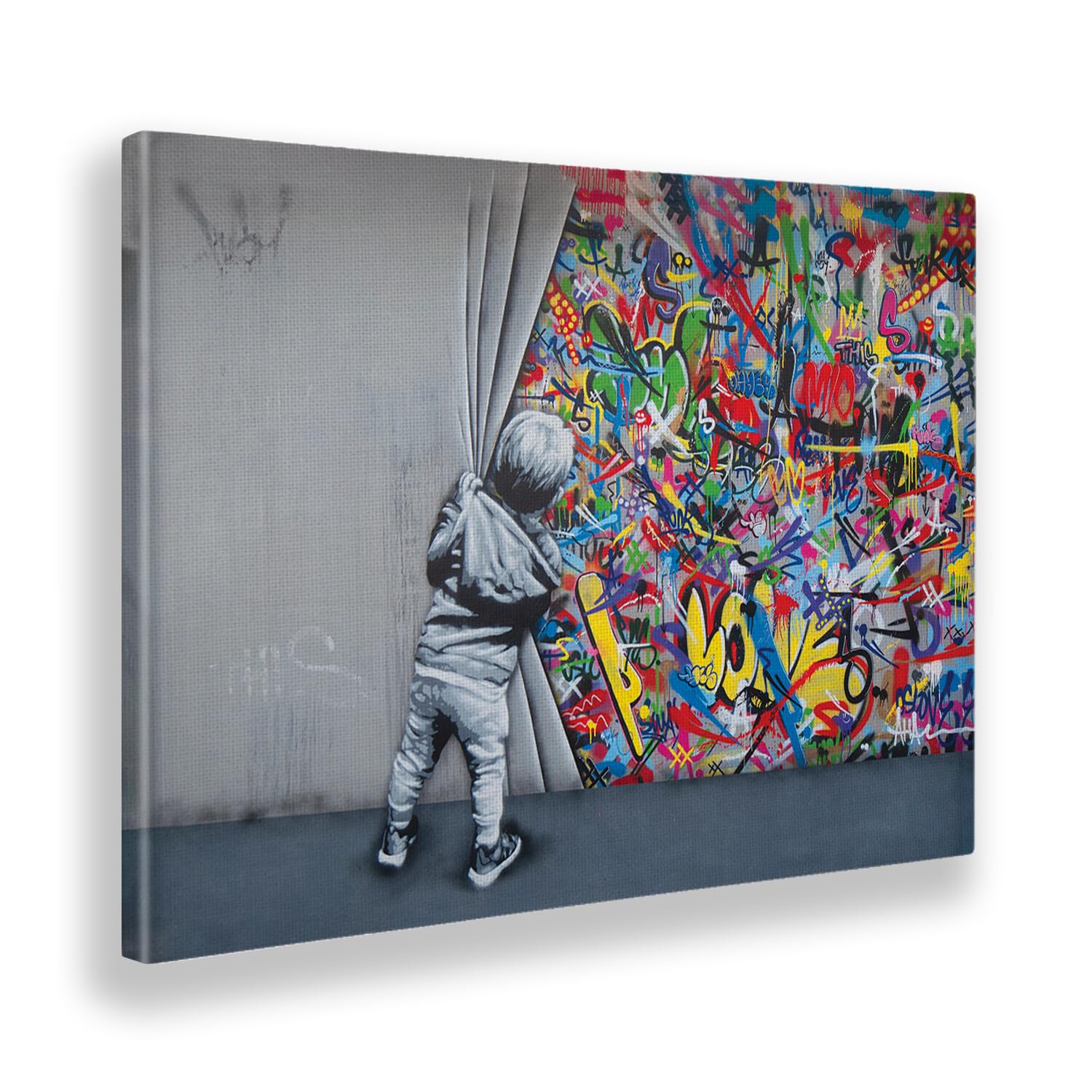 Giallobus - Quadro - Banksy - Bambino apre il sipario - Tela Canvas Telaio Standard - 140x100 - Pronto da appendere - Quadri moderni per la casa