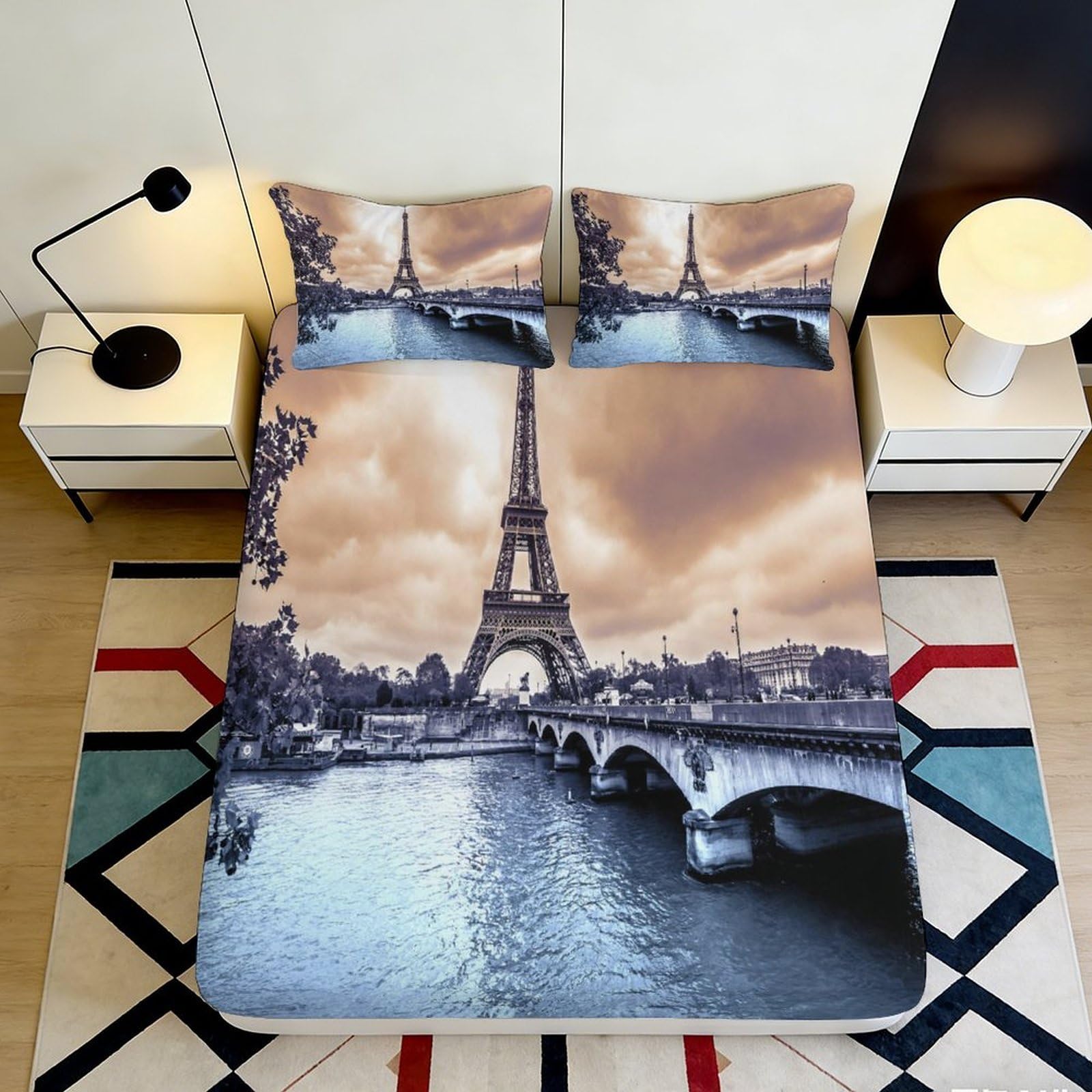 3D Printed Eiffel Tower Paris Fitted Sheet Microfiber Soft Breathable Cityscape Bed Cover for Bedroom Guest Room Decor 90x200x25cm