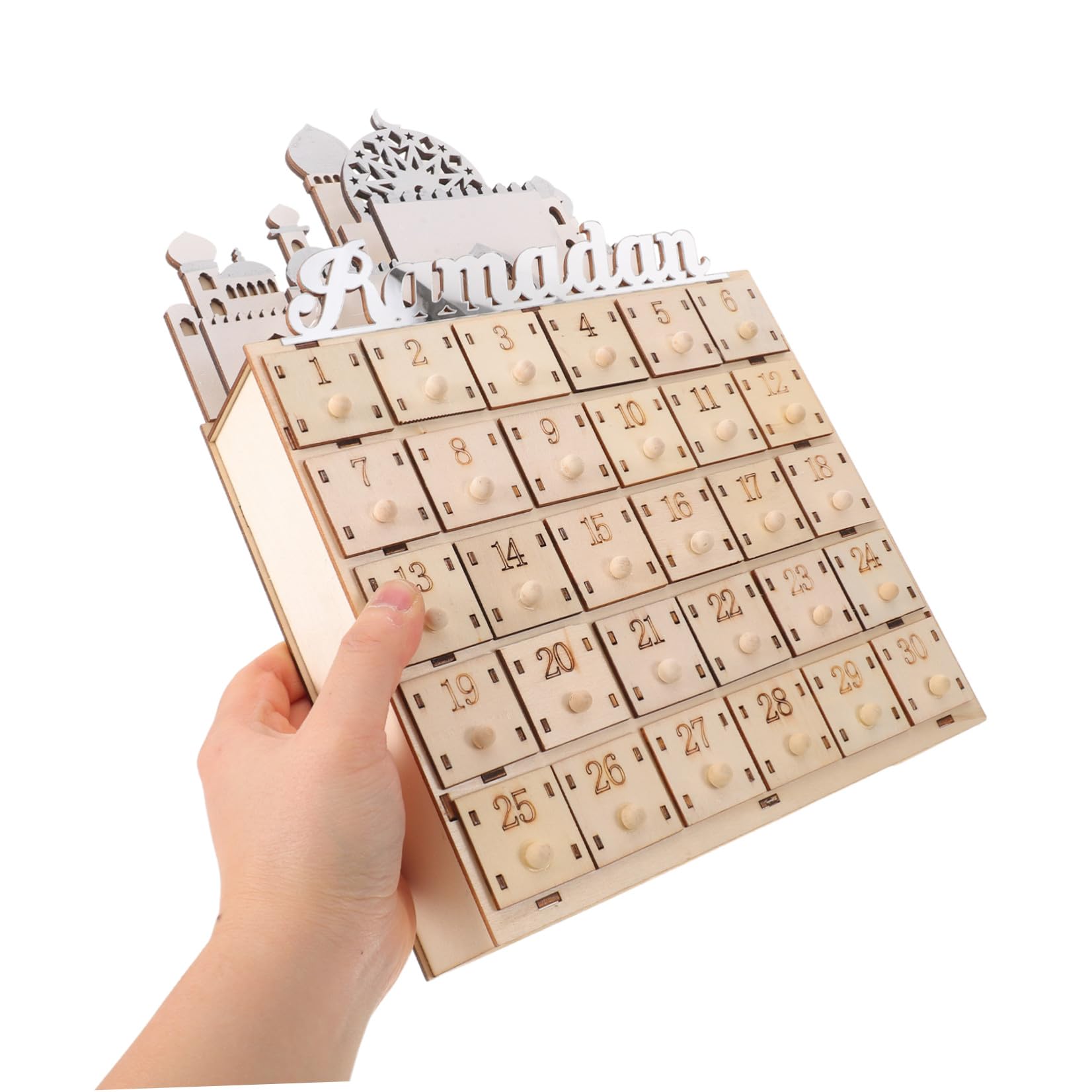 Alasum Calendario del Ramadan in Legno con 30 Mini Cassetti e Luci Led, Decorazione da Tavolo per Conto alla Rovescia Dell’eid Mubarak, Atmosfera Luminosa per Festa Musulmana e Arredo