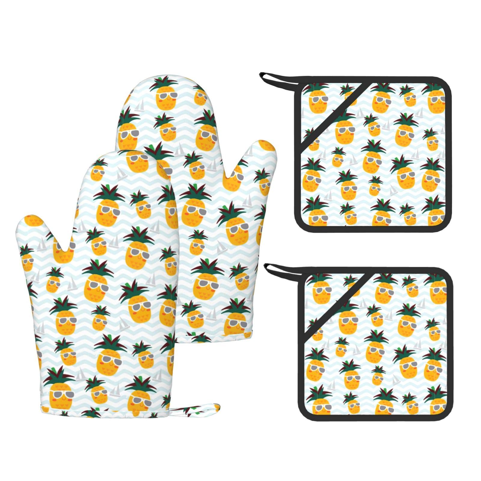 Eeprty Black Cute Pineapple Printed Kitchen Oven Gloves And Potholder 4 Pcs, Non-Slip Heat Resistant Mitts For Baking Chef