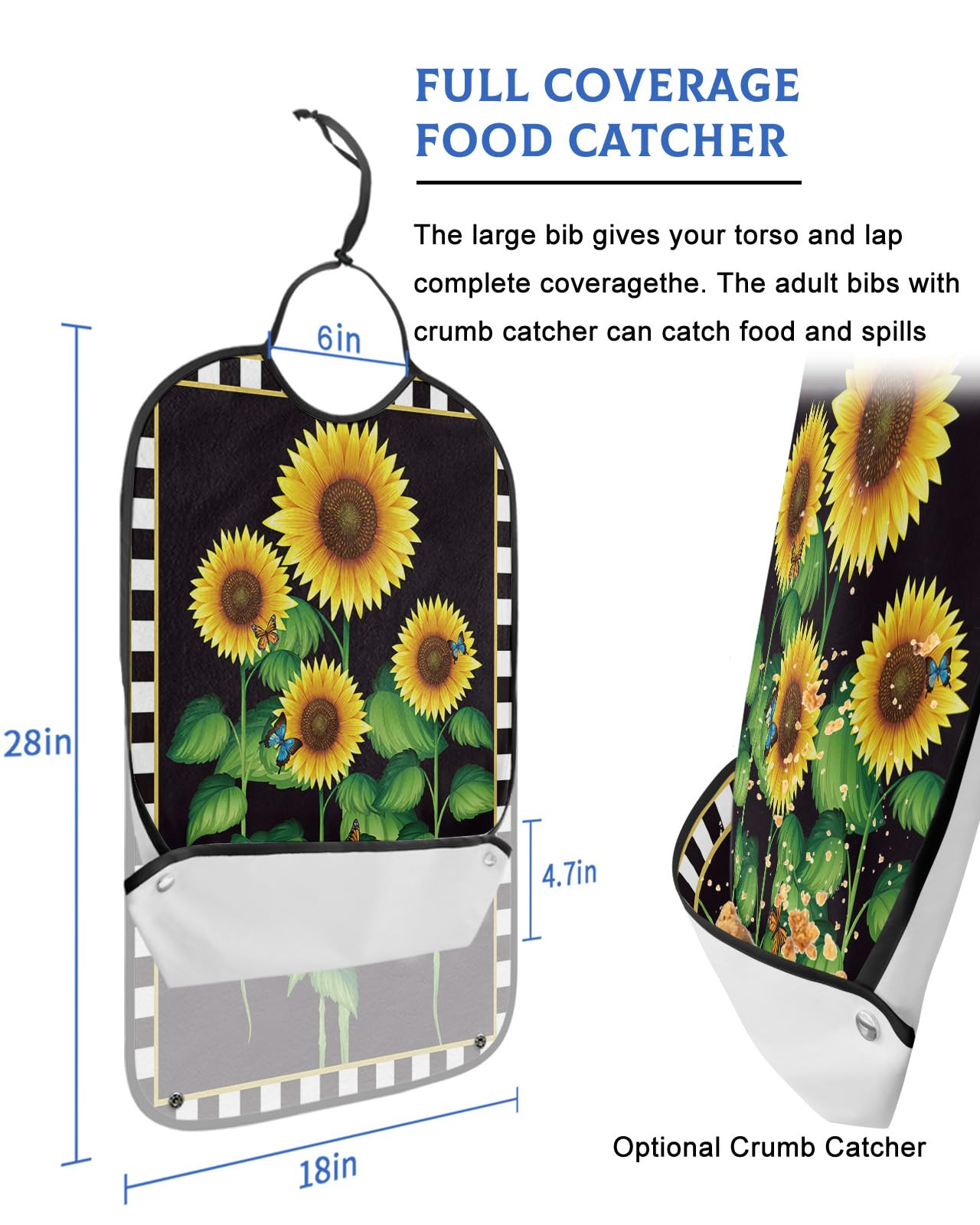 Sunflower Adult Bibs for Eating, Waterproof Bibs with Food Catcher & Adjustable Snap Closure, Black White Plaid Spring Floral Butterfly Yellow Lace Clothing Protectors Adult Bibs for Elderly Women/Men