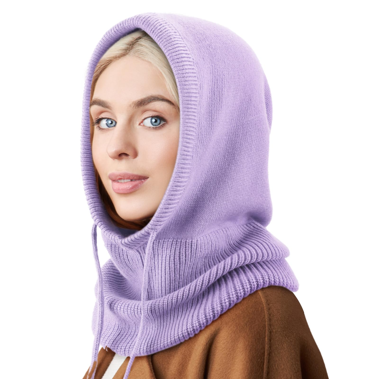 DRESHOW Winter Hats for Women Balaclava Knit Beanie Skull Cap with Drawstring Warm Hooded Scarf Hat