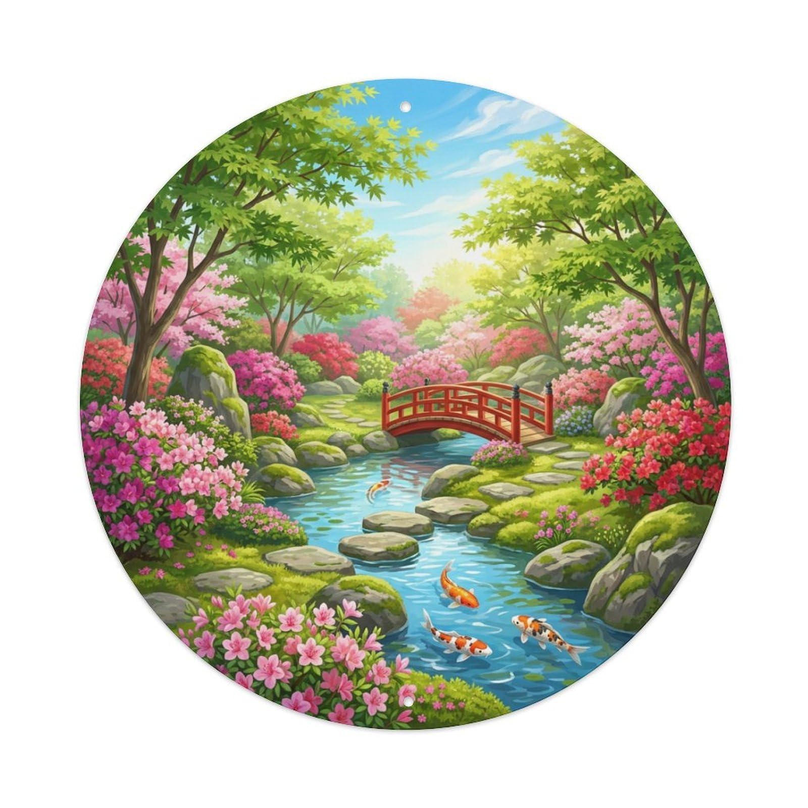Galvaxio Style Japanese Koi Fish Azalea Garden Spring Vibrant Metal Tin Sign