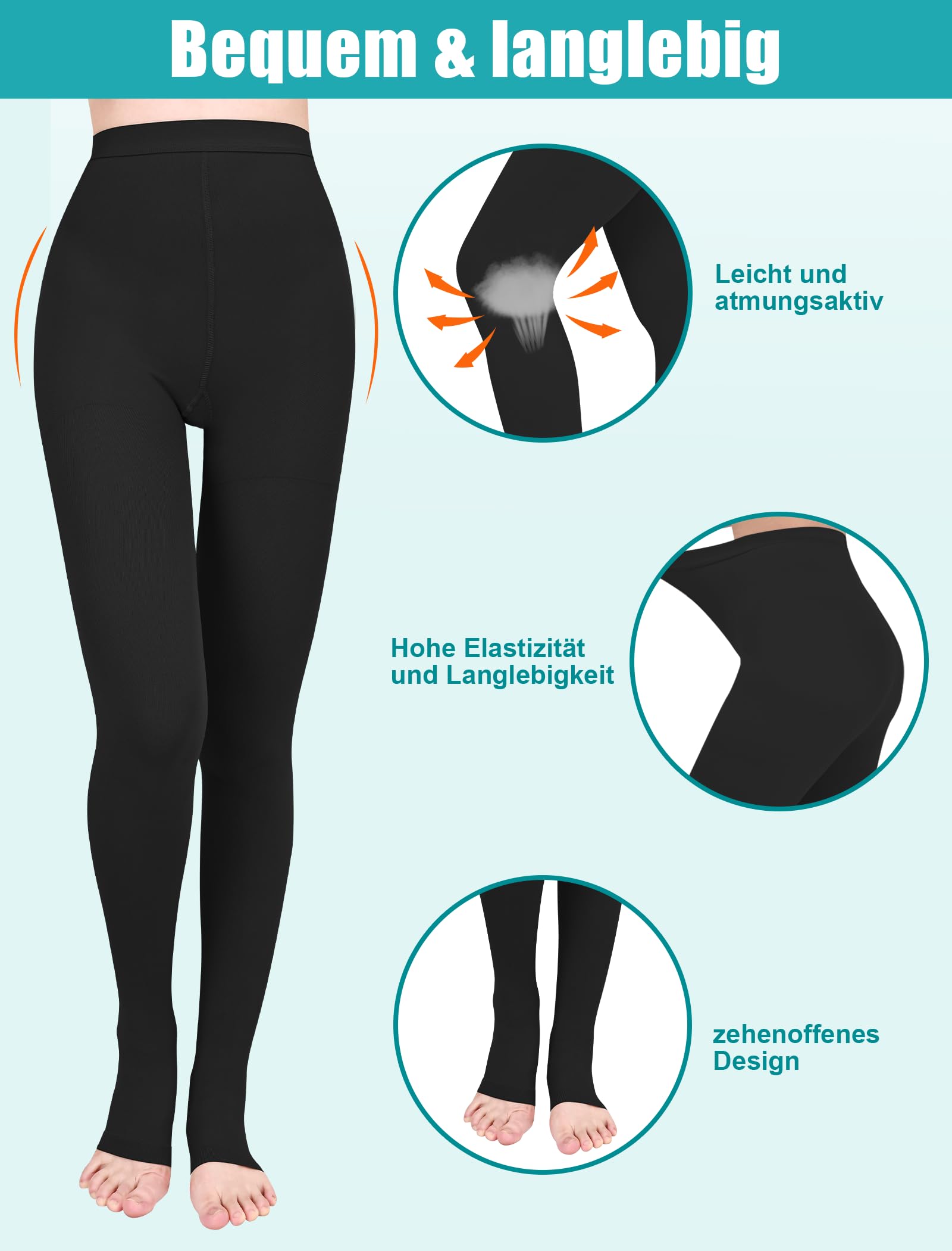 Collants de compression médicaux pour homme et femme - Longueur : 15-20 mmHg - Classe I - Bas de compression gradués - Bout ouvert - Pour la grossesse, les varices, l'œdème, le lipœdème